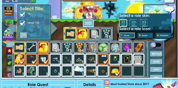 GW33 Dr Title + Bluename Level 125 + 3 Max Roles (Farmer, Doctor, Startopian) + Rich Cosmetic Inventory (G)