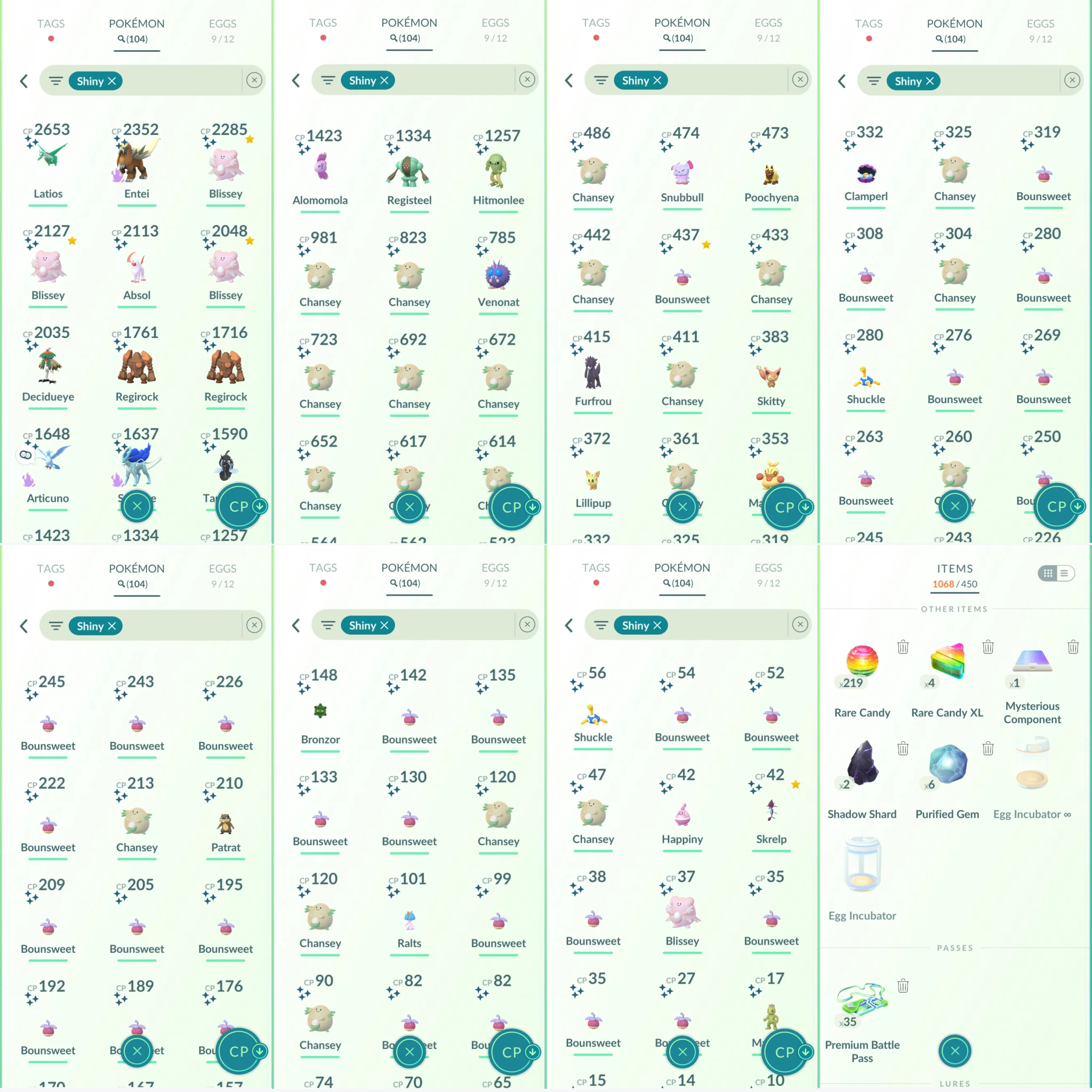 1097 LV40 Rare candy 219 Premium pass:35 Regirock100x2 Shiny: mega latios, absol, shadow Entei, shadow suicune, happiny