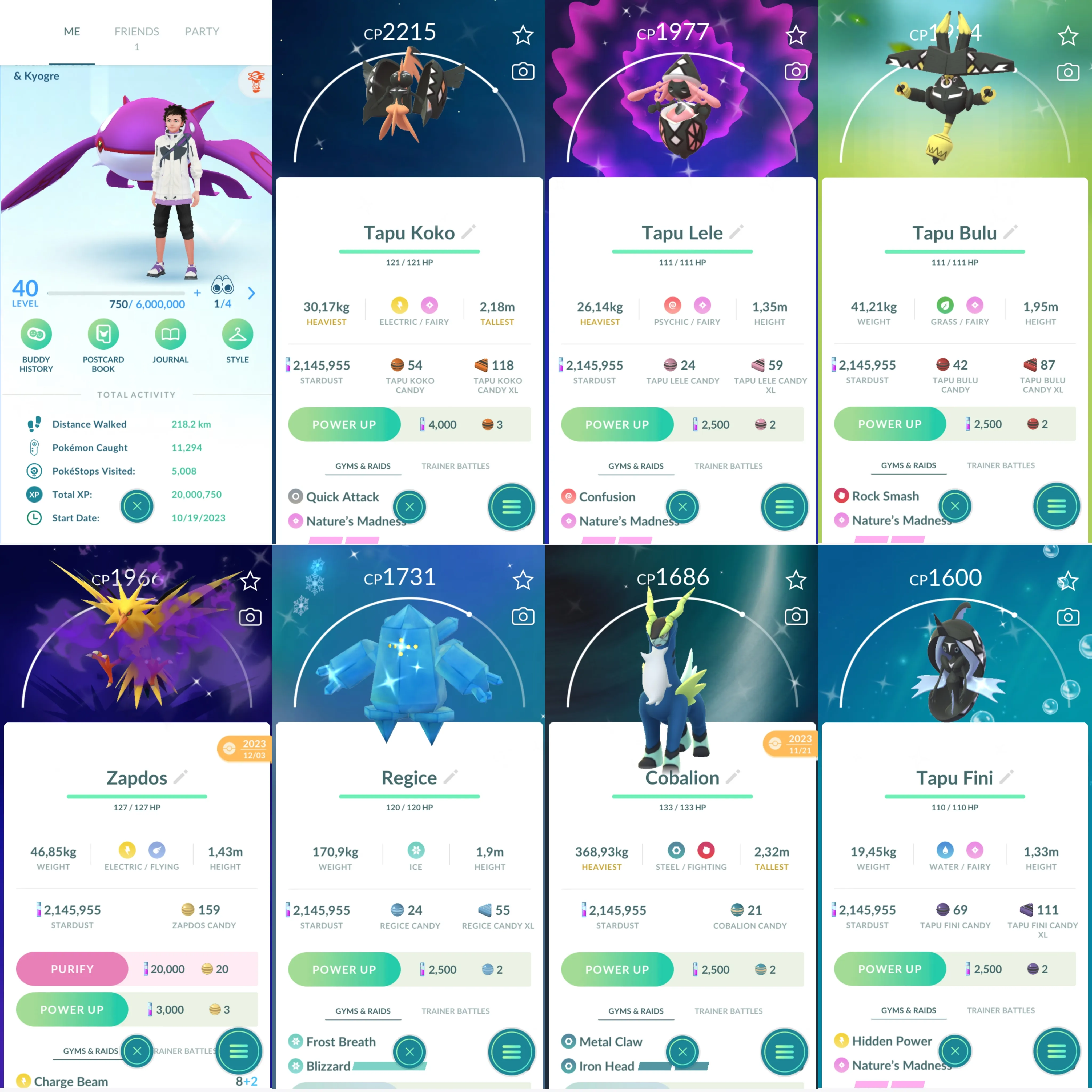 1115 LV40 Shiny: tapu koko-lele-bulu-fini, primal Kyogre, registeel, audino shadow Zapdos, regice, cobalion