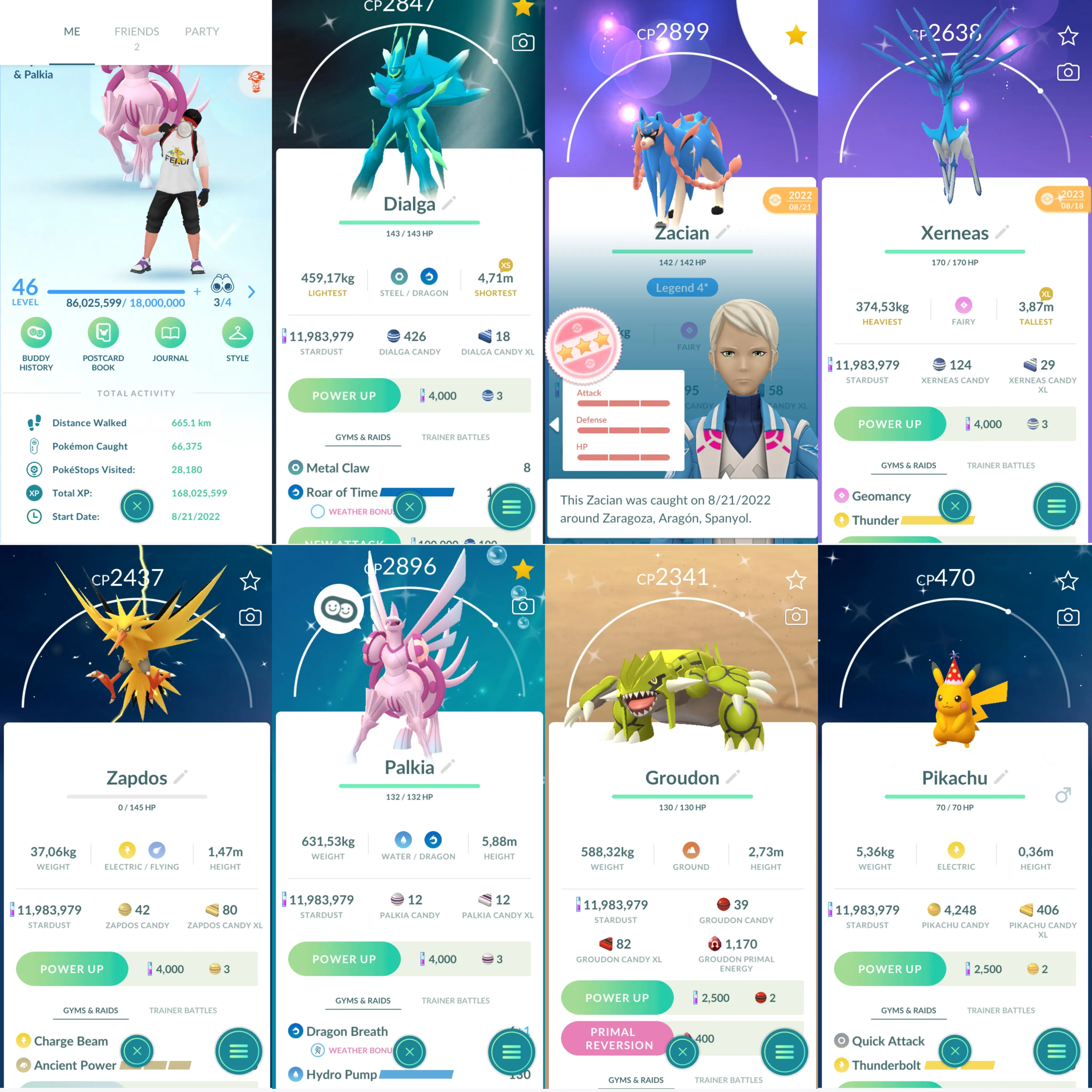 1160 LV46 Hundo: Zacian, Xerneas, Regigigas, Kartana, Raikou. Shiny: dialga origin roar of time, palkia origin