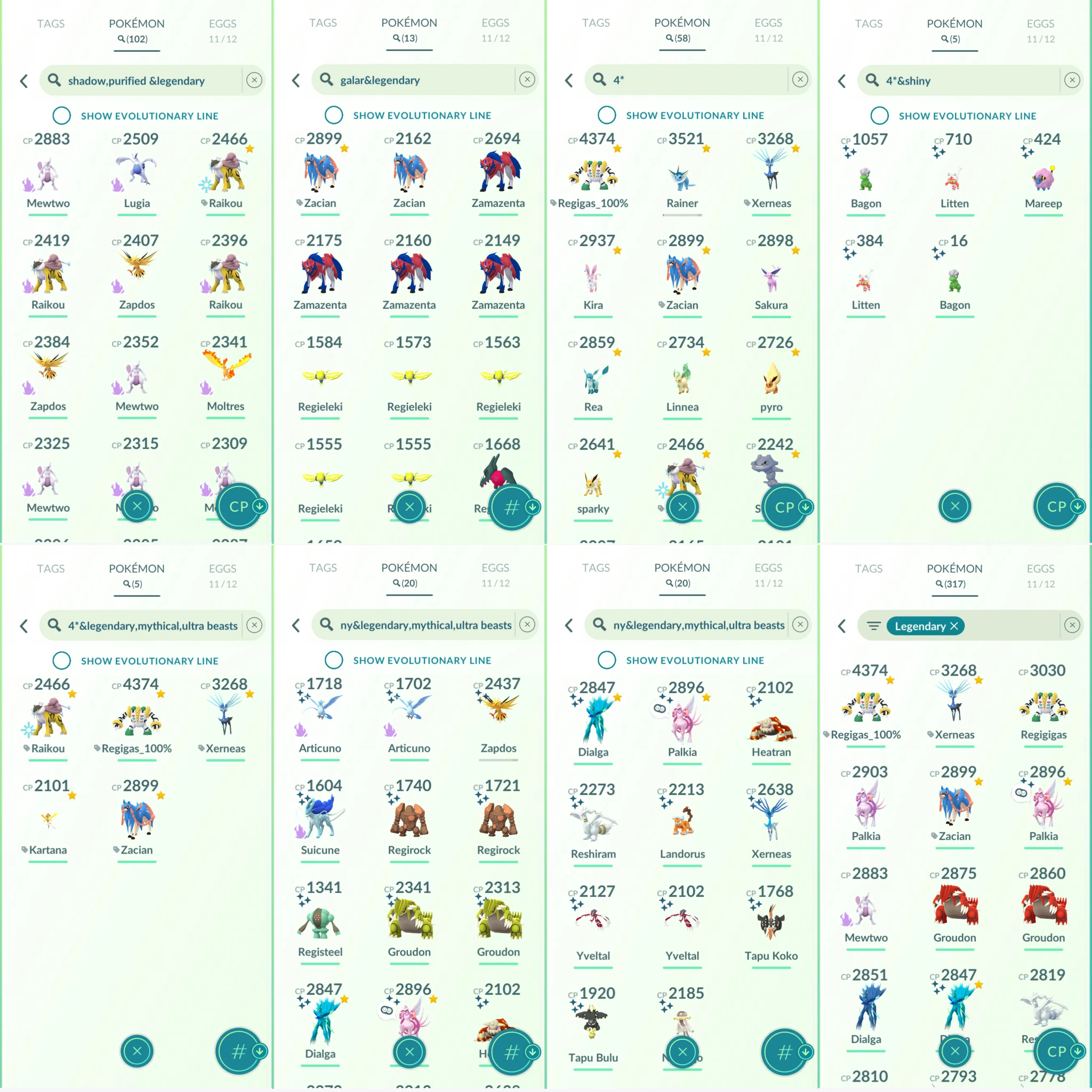 1160 LV46 Hundo: Zacian, Xerneas, Regigigas, Kartana, Raikou. Shiny: dialga origin roar of time, palkia origin