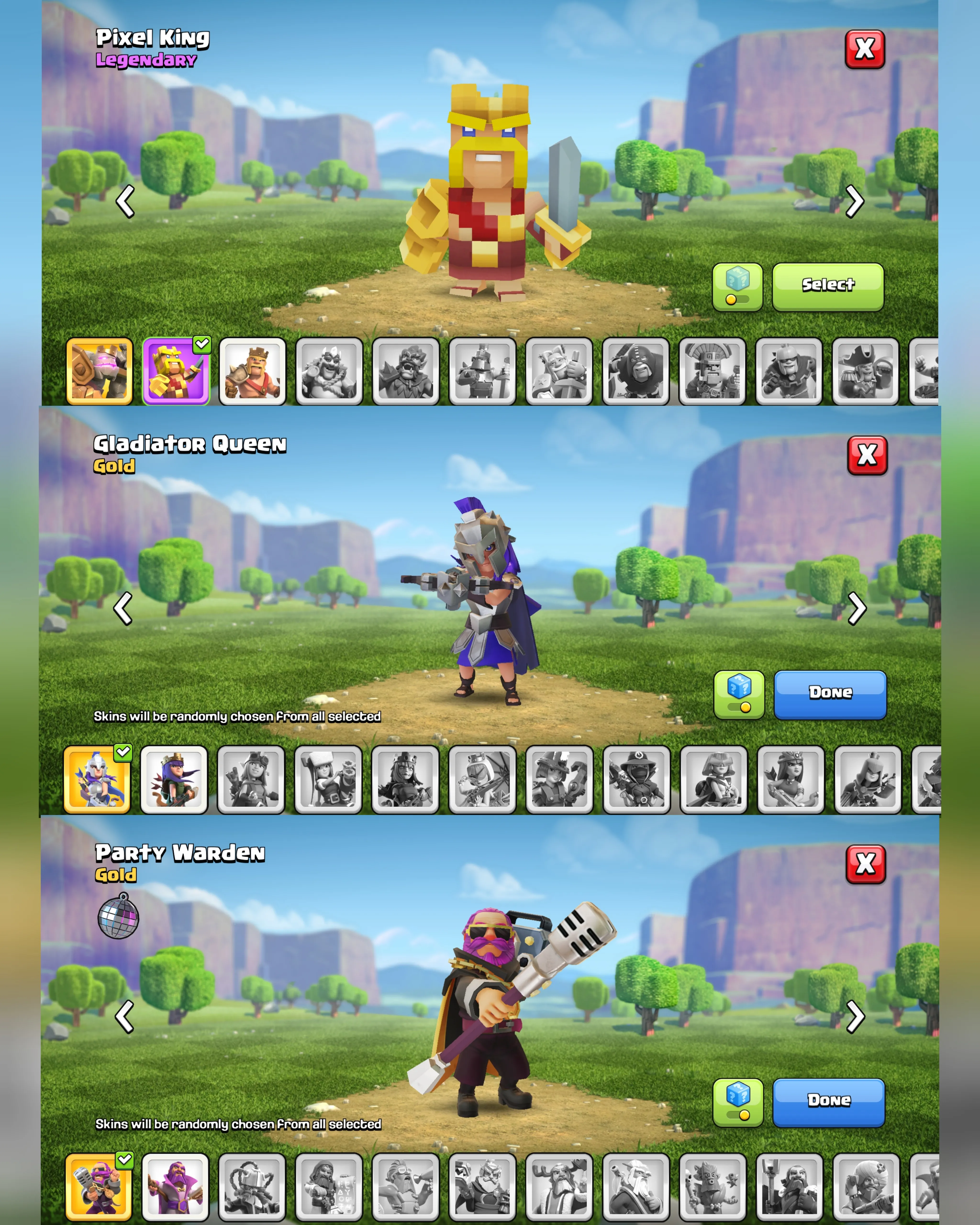 C064 TH12 PIXEL SCENERY - XP143 - 71 GEMS - CN 500 GEMS - BK51 SKIN2 - AQ53 SKIN GLADIATOR QUEEN -GW25 SKIN PARTY WARDEN