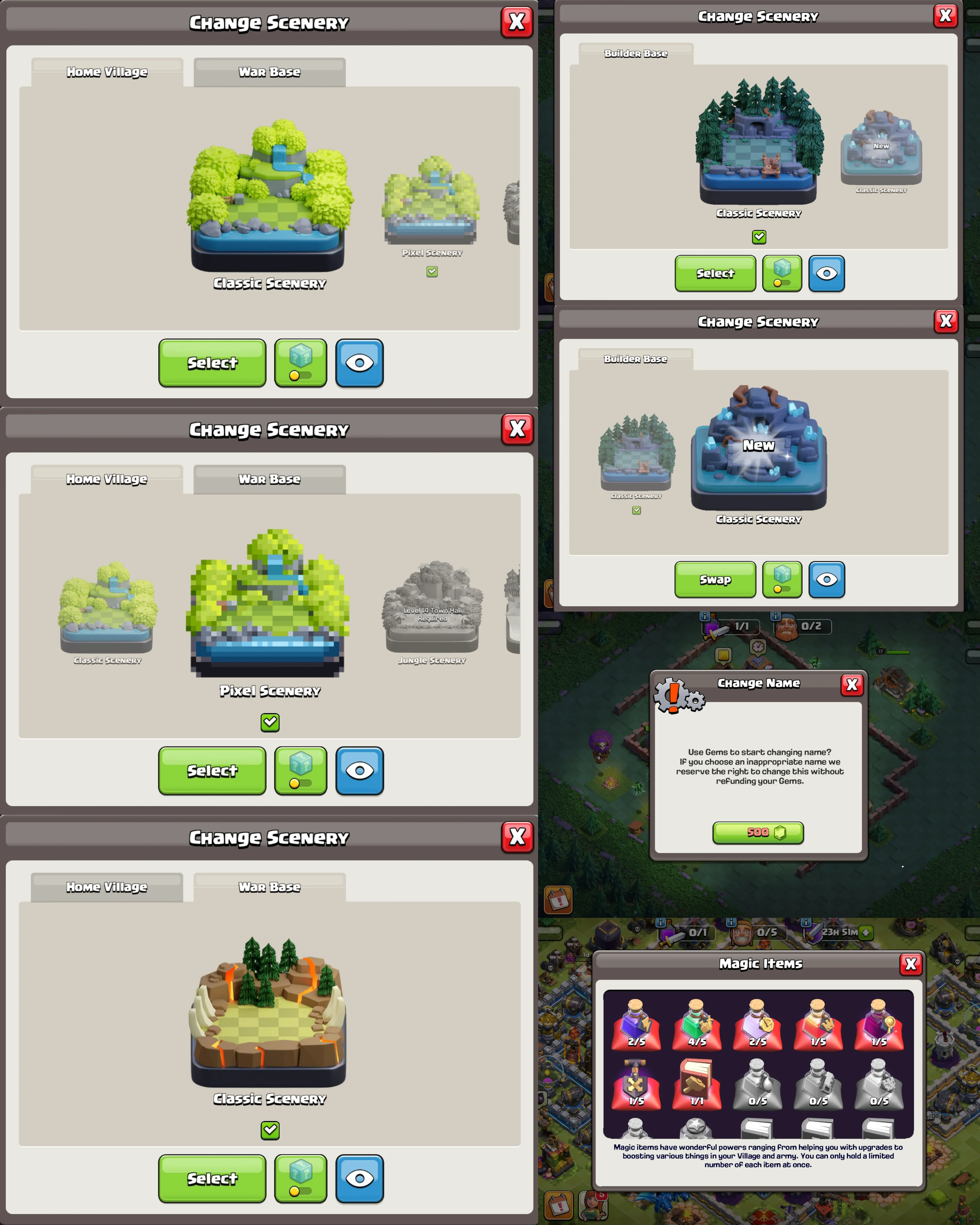 C064 TH12 PIXEL SCENERY - XP143 - 71 GEMS - CN 500 GEMS - BK51 SKIN2 - AQ53 SKIN GLADIATOR QUEEN -GW25 SKIN PARTY WARDEN