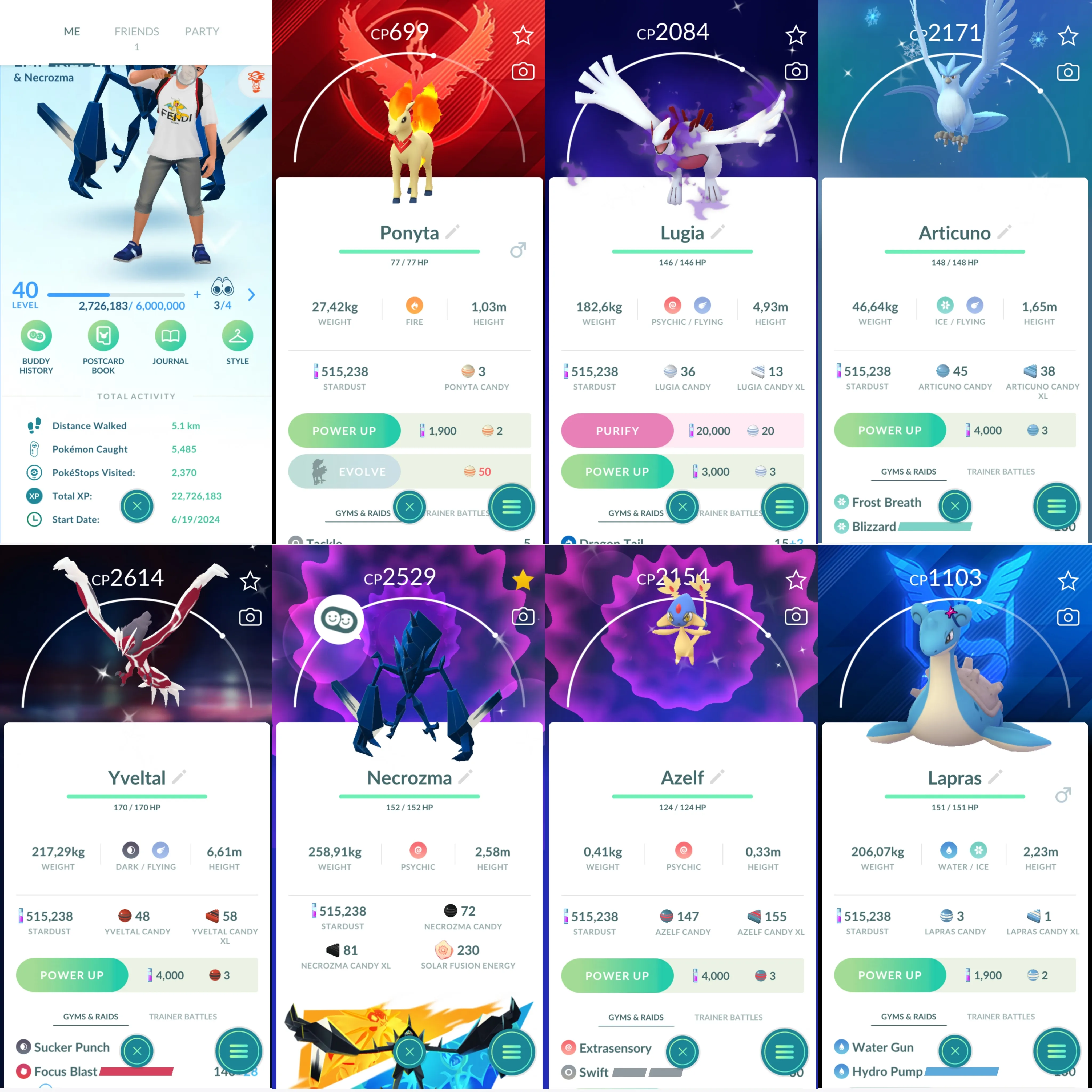 1225 LV40 Coin: 2079 Sp BG: Ponyta, Lapras, necrozma Shiny: necrozma, shadow Lugia, yveltal, Azelf, Articuno, uxie