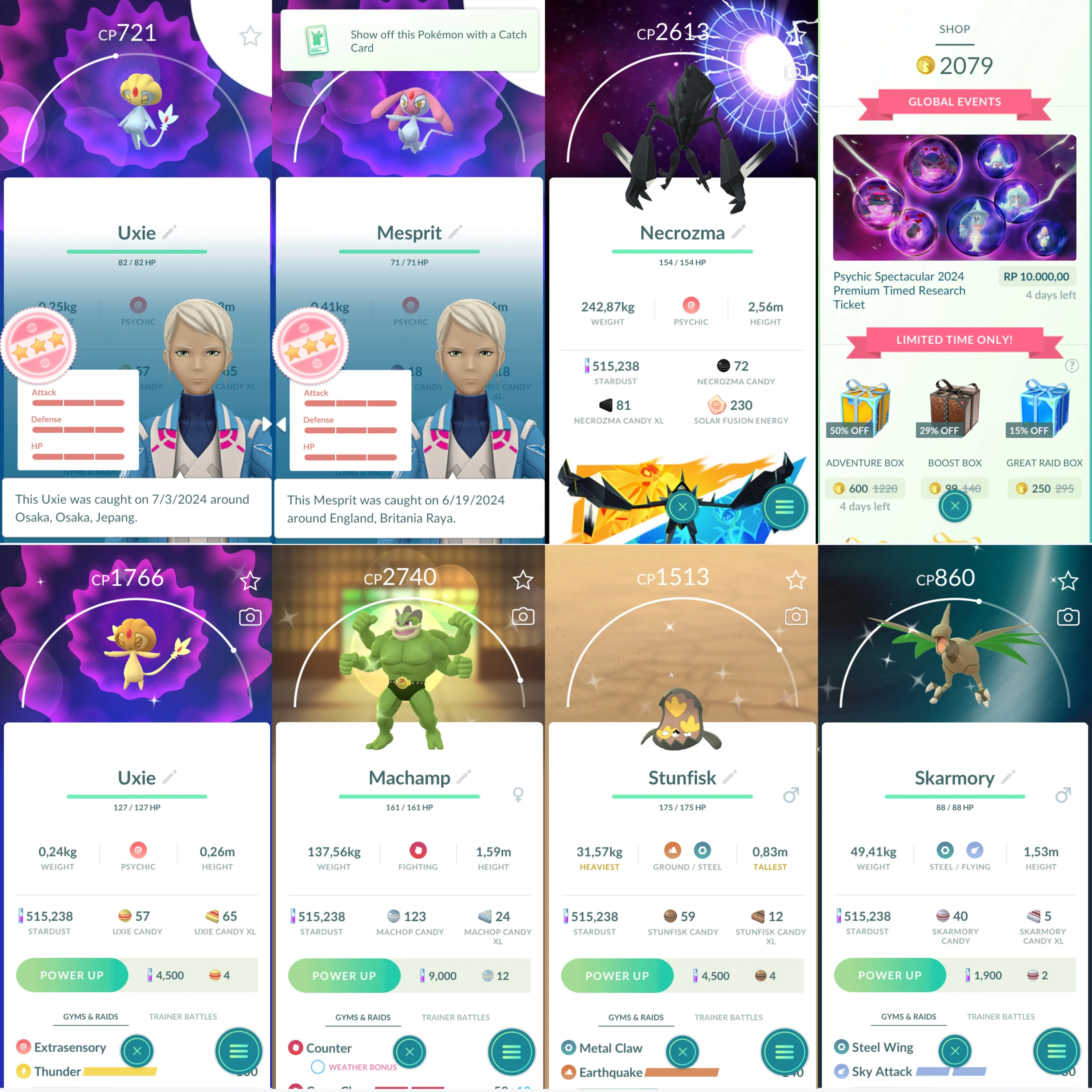 1225 LV40 Coin: 2079 Sp BG: Ponyta, Lapras, necrozma Shiny: necrozma, shadow Lugia, yveltal, Azelf, Articuno, uxie