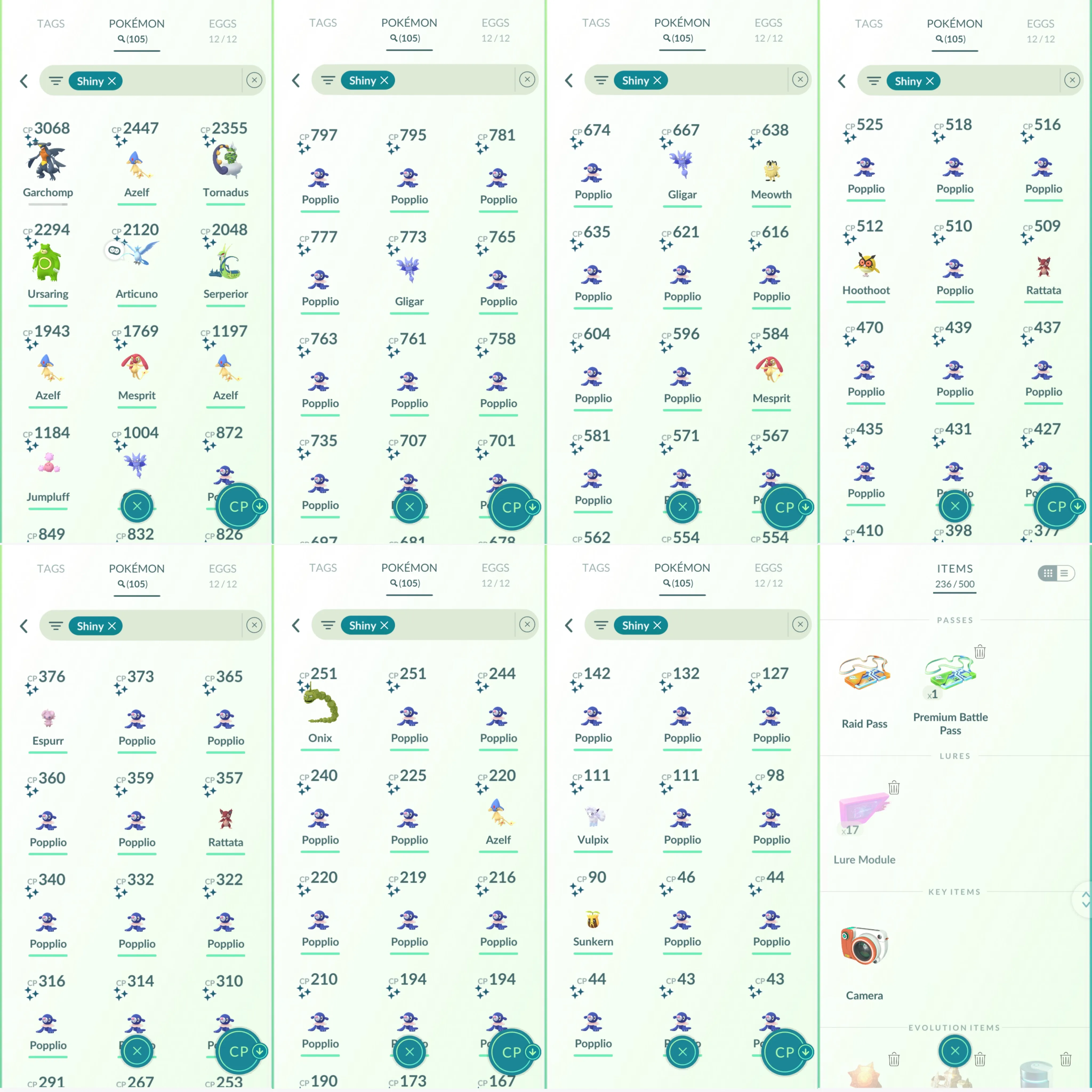 1236 LV40 Azelf100 SpBG: lapras, ponyta Shiny: azelf, mesprit, tornadus, articuno, garchomp, serperior