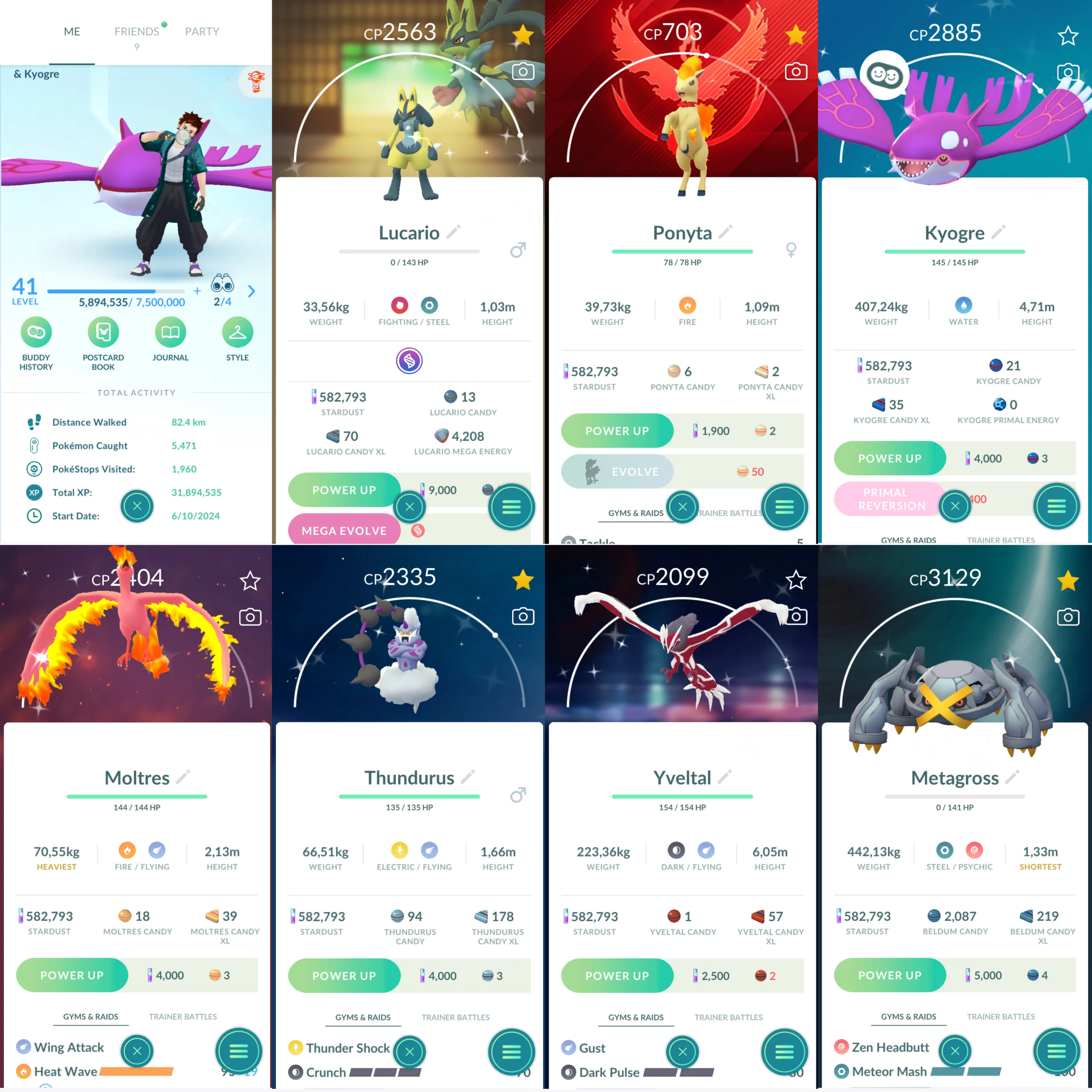 1238 LV41 SpBG: ponyta, guzzlord, necrozma Shiny: mega lucario, kyogre, metagross, moltres, thundurus, yveltal