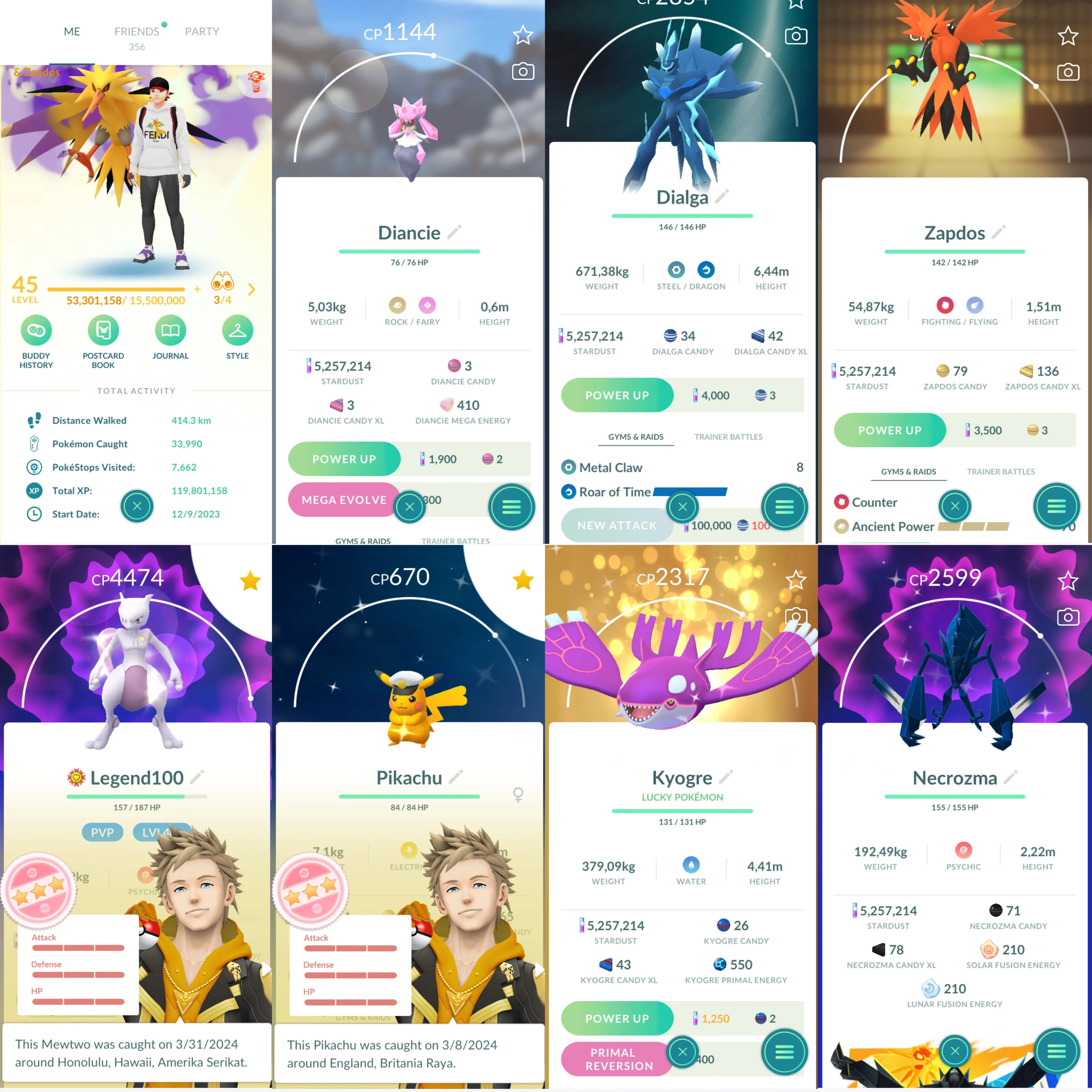1240 LV45 Hundo:210 Dialga Origin Roar of Time GalarZapdos Mega Diancie Mewtwo100 Shundo: Mesprit, Capt Pikachu