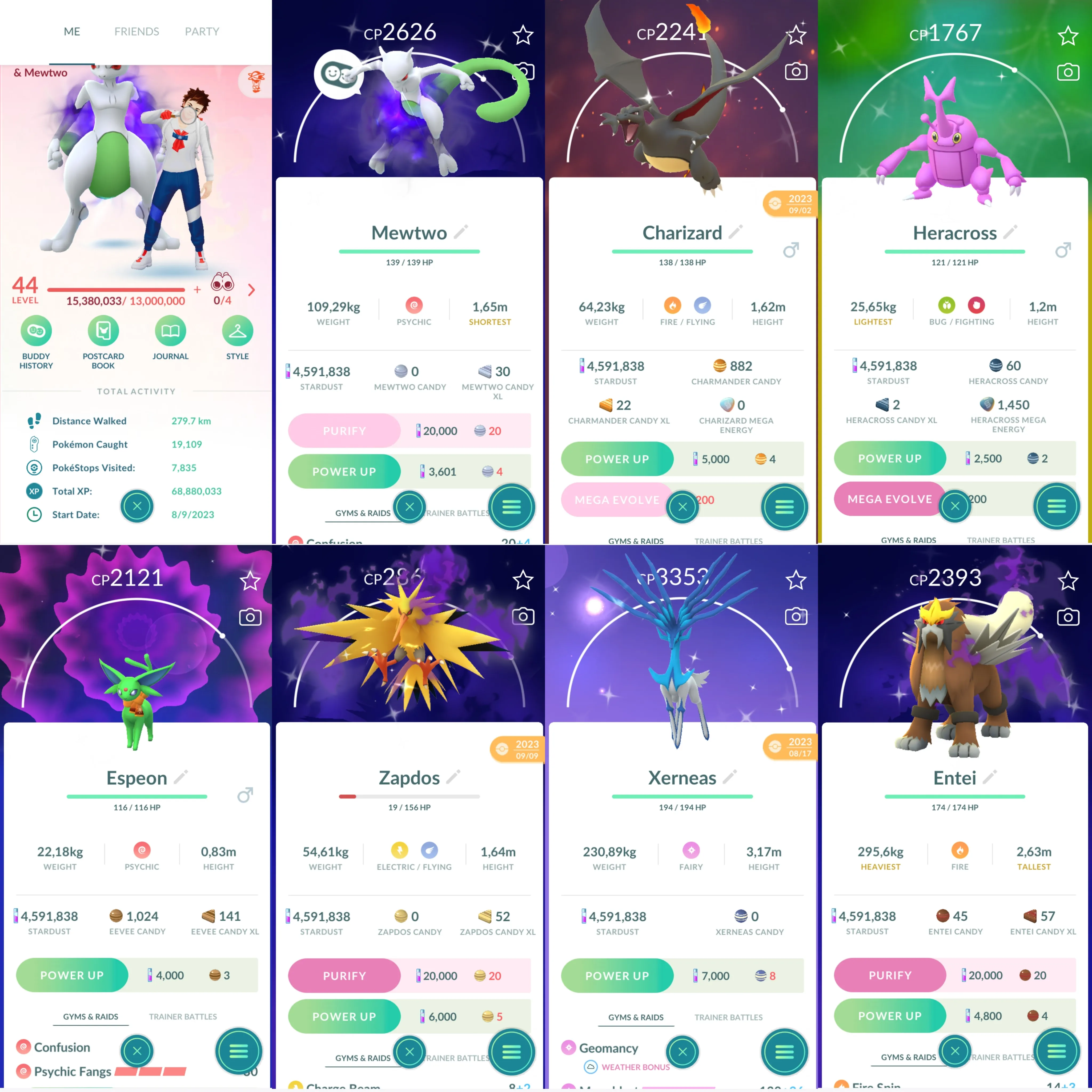 1250 LV44 Coin: 3650 RCandy 394 Shiny: shadow mewtwo, mega Lucario, charizard, mega heracross, shadow zapdos, xerneas