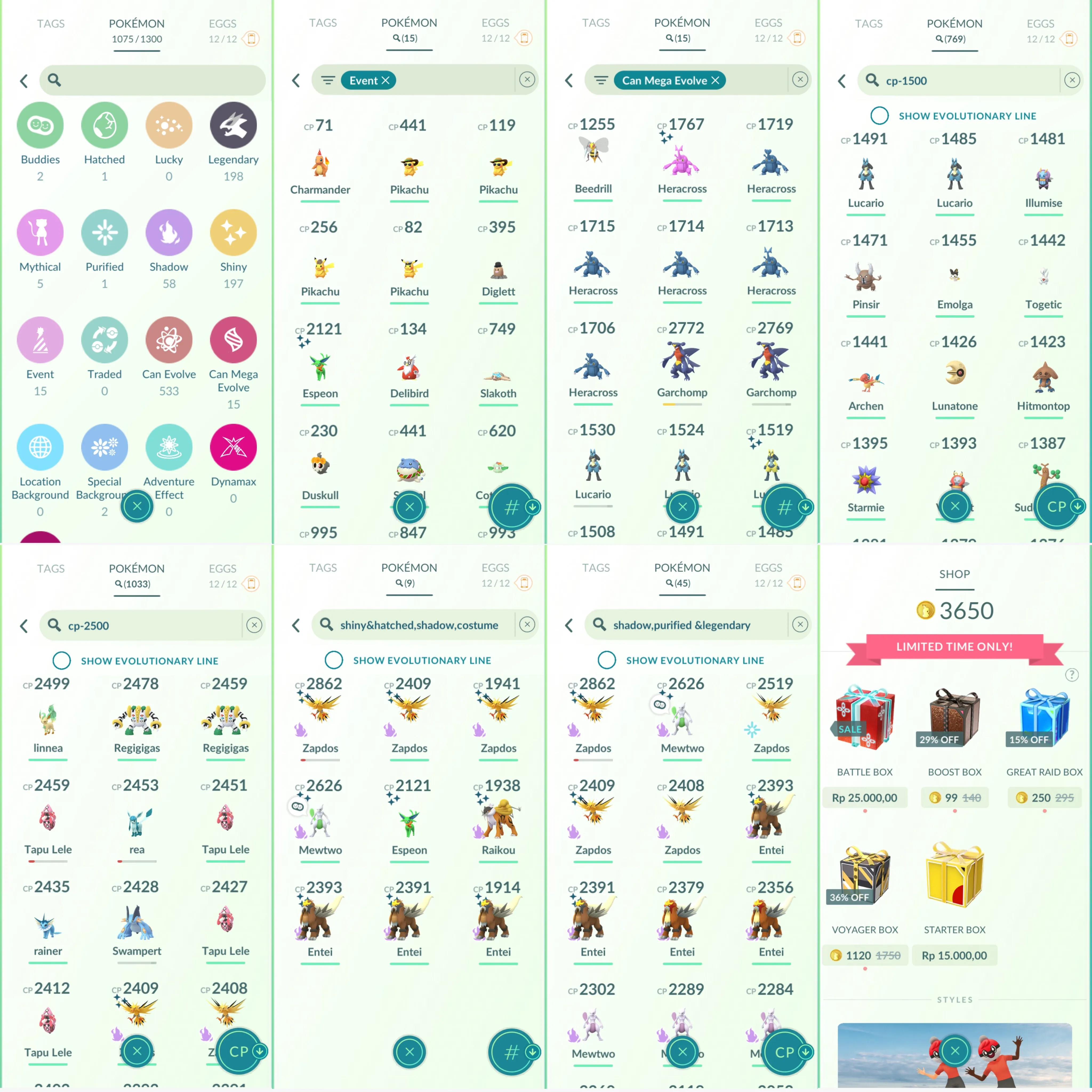 1250 LV44 Coin: 3650 RCandy 394 Shiny: shadow mewtwo, mega Lucario, charizard, mega heracross, shadow zapdos, xerneas