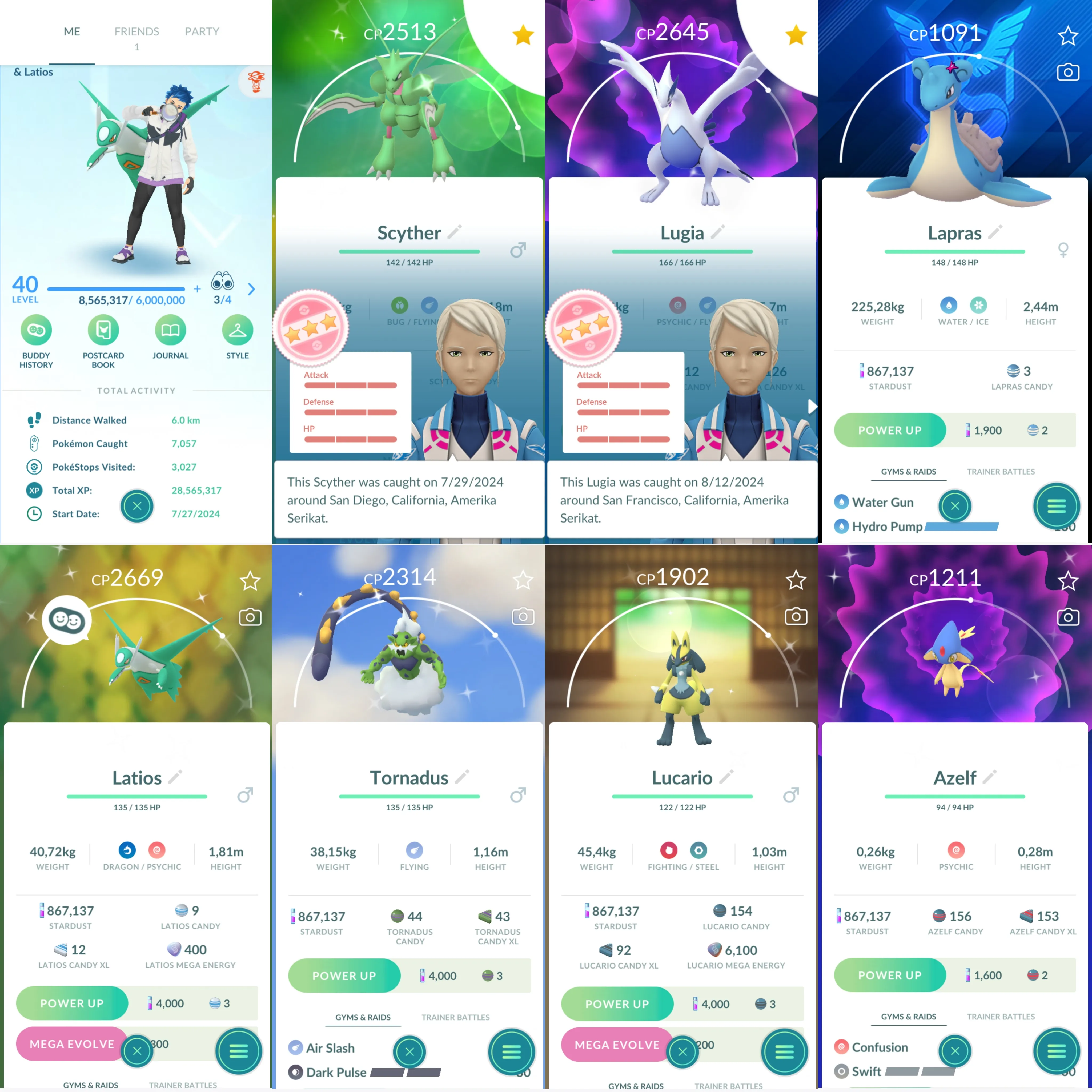 1257 LV40 Lugia100 Azelf100 SpBG Lapras+Ponyta Shiny: mega Lucario x3, mega latios, onix, shundo Scyther, azelf.tornadus