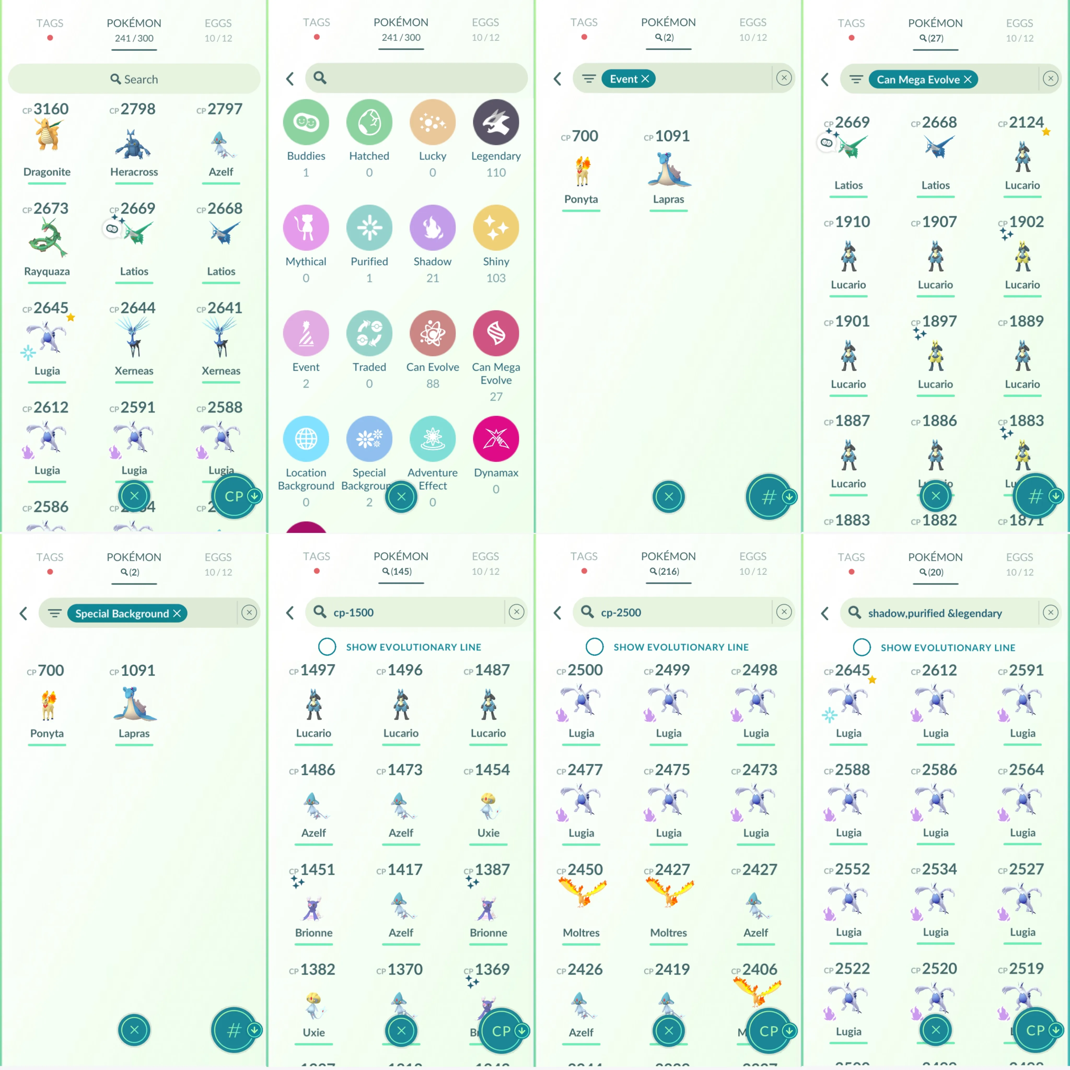 1257 LV40 Lugia100 Azelf100 SpBG Lapras+Ponyta Shiny: mega Lucario x3, mega latios, onix, shundo Scyther, azelf.tornadus