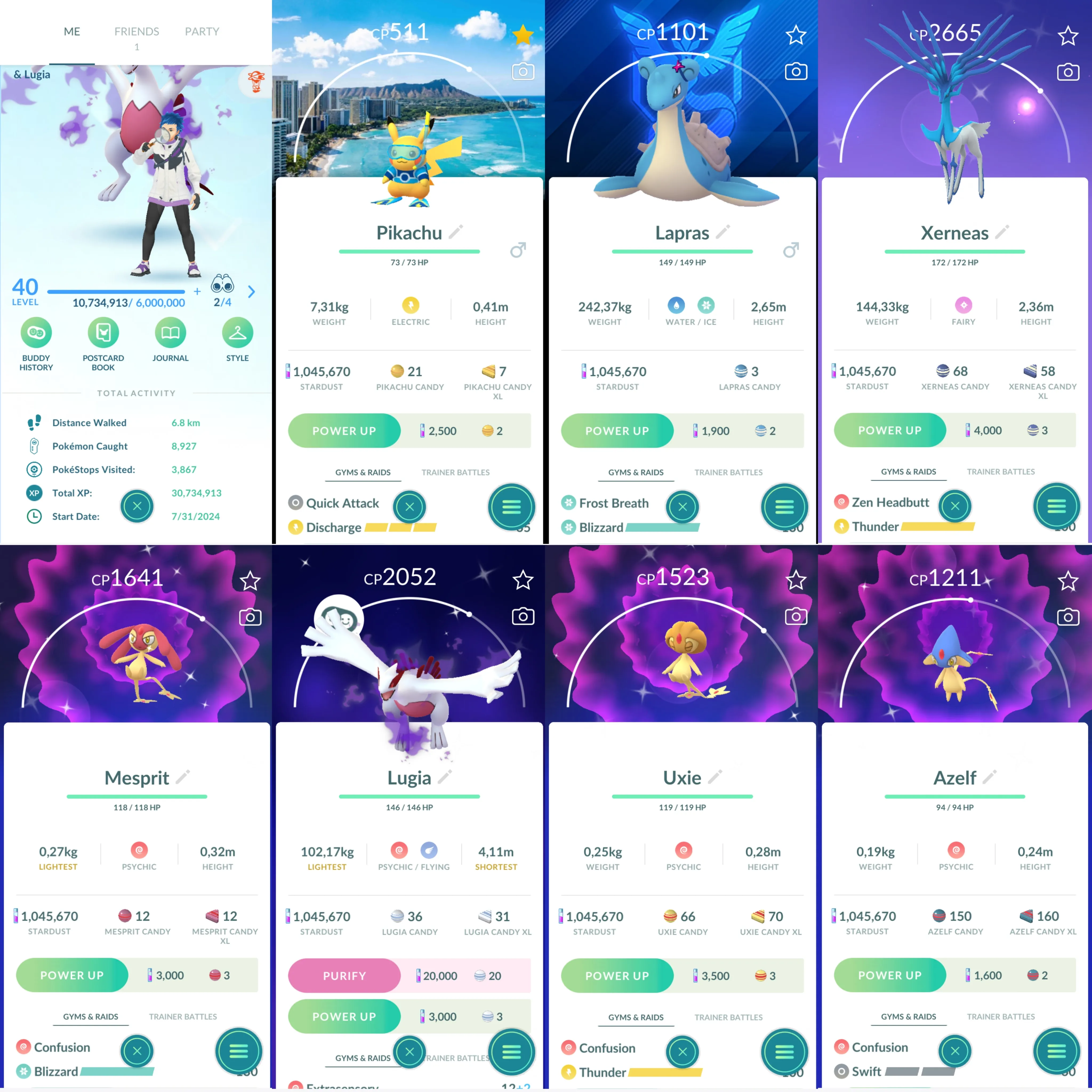 1259 LV40 Pikachu WCS2024 BG Hawaii Sp BG Ponyta+Lapras Shiny: shadow lugia, xerneas, mesprit, uxie, azelf, Aerodactyl