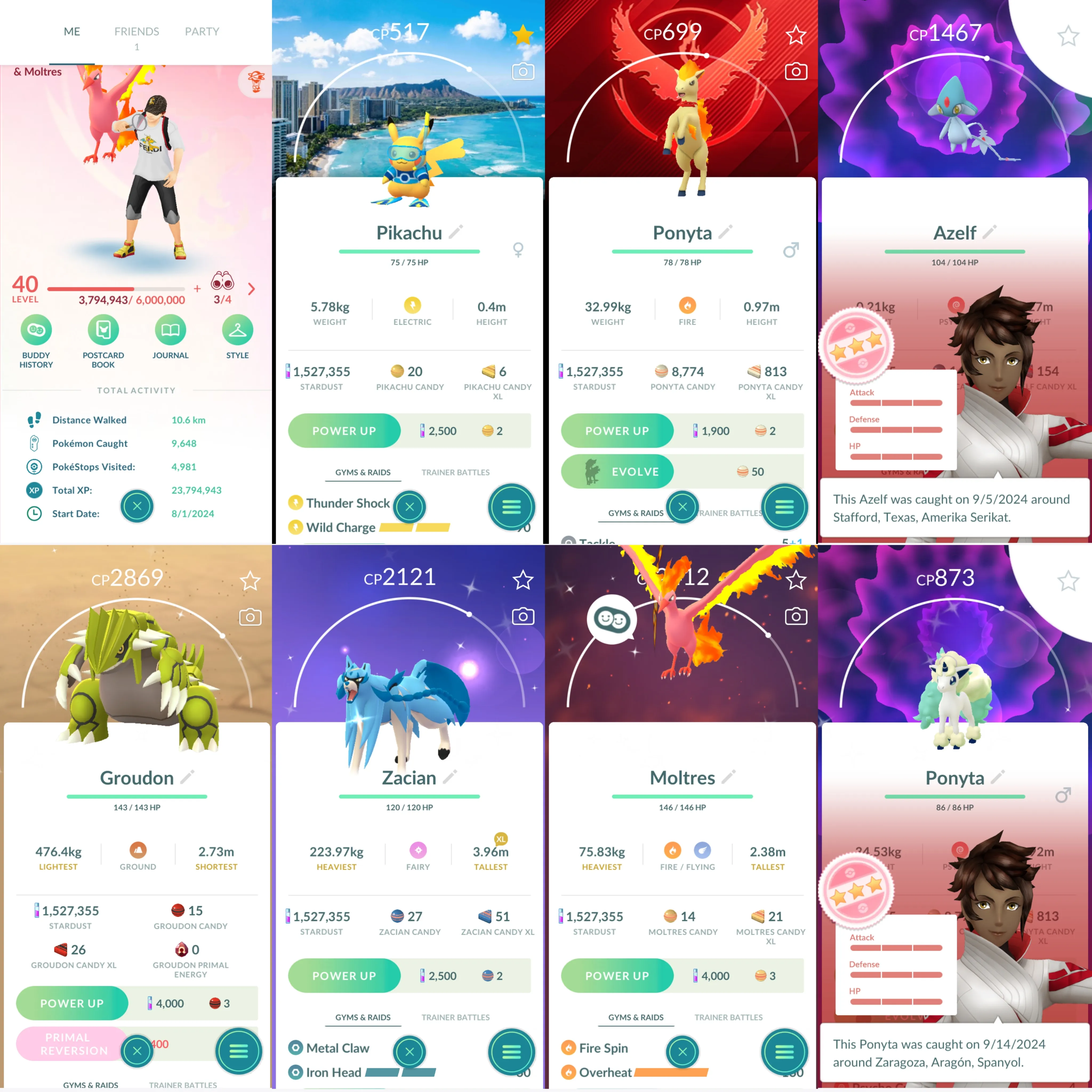 1345 LV40 Coin1956 Pikachu WCS 2024 Hawaii Sp Bg Ponyta Azelf100 Shiny: zacian, groudon, moltres, Shundo Ponyta, azelf