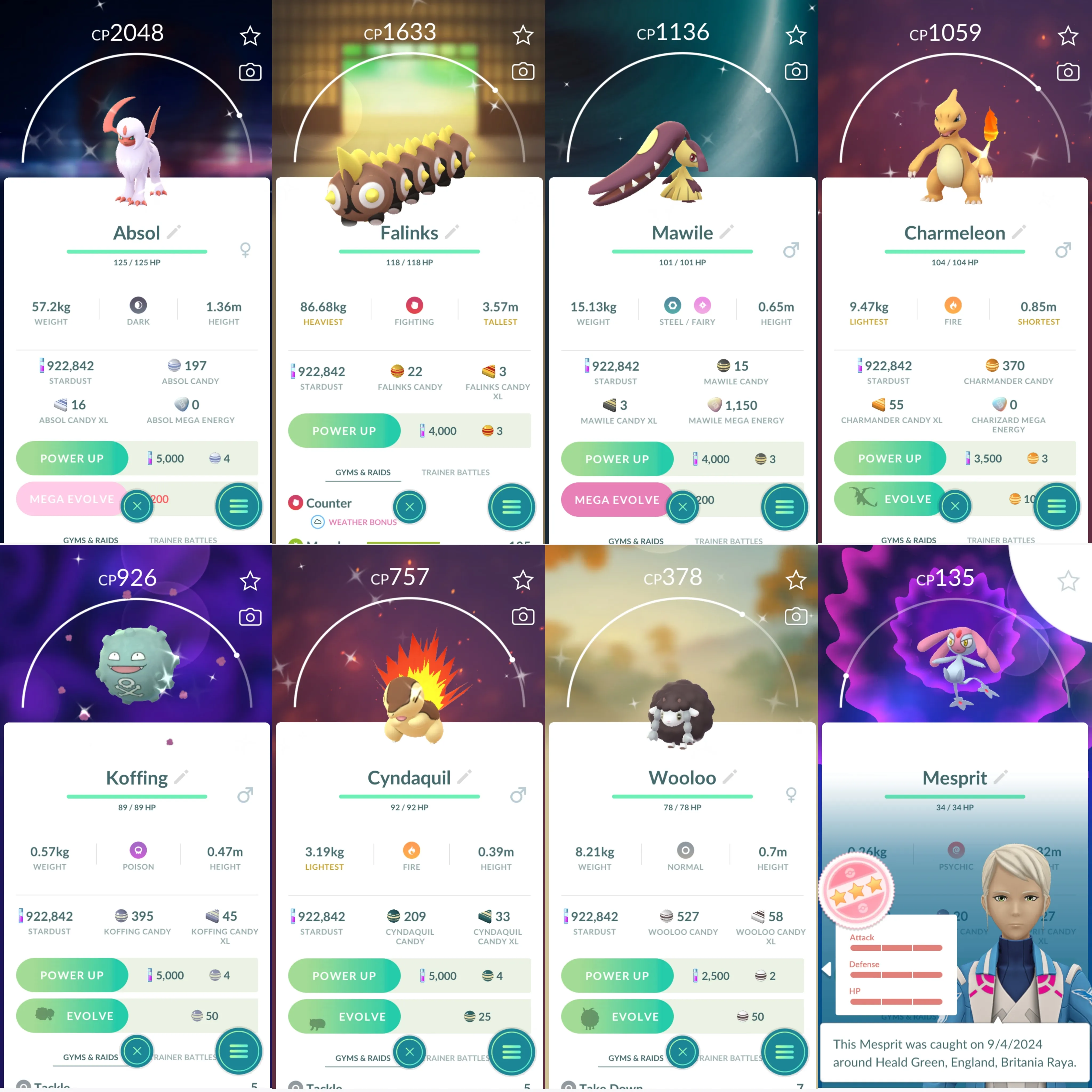 1368 LV40 Mesprit100 Raikou100 Shiny: zacian, charmeleon, azelf, mesprit, uxie, komala, absol, falinks, mega mawile, wooloo