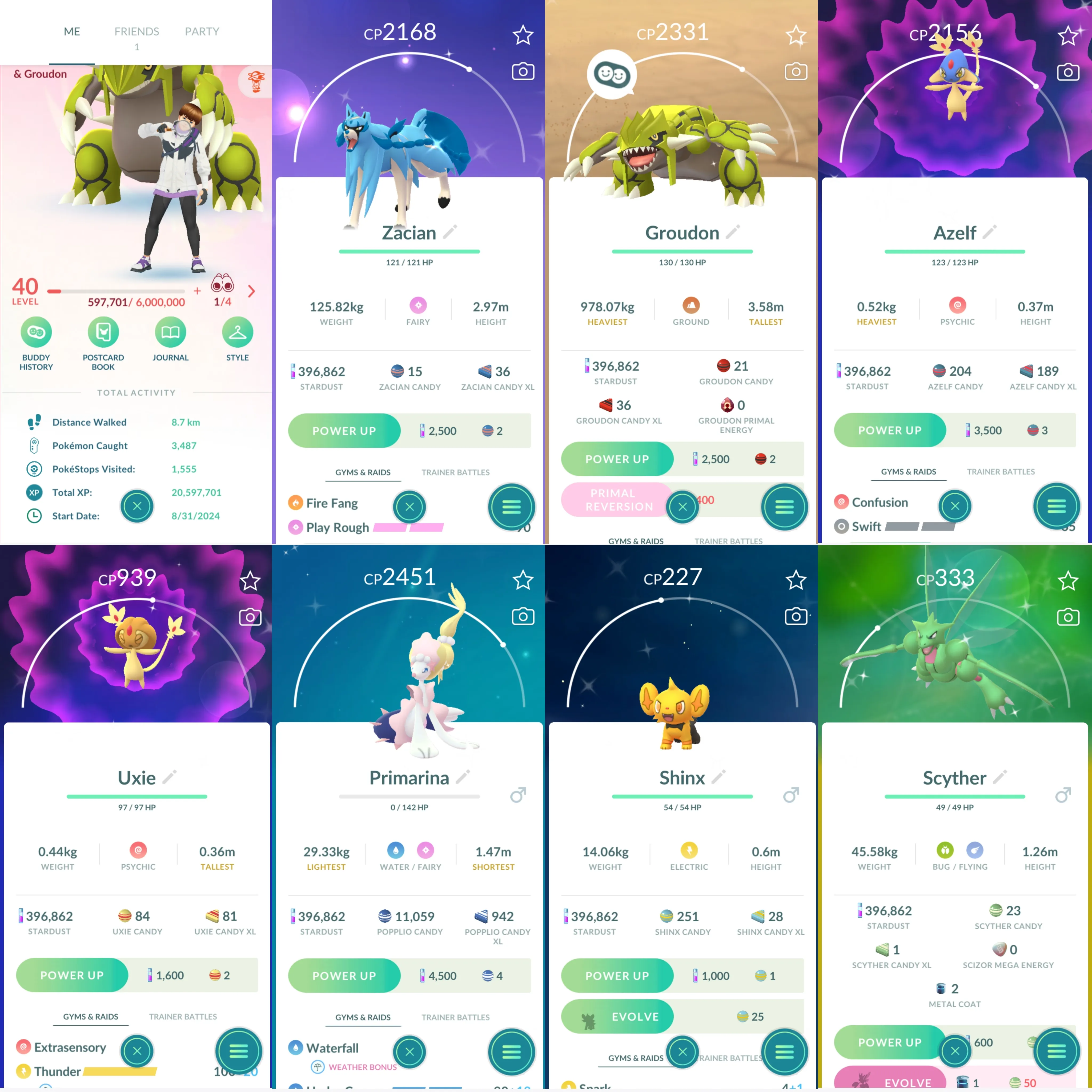 1399 LV40 Coin2306 Hitmonlee100 Primarina100 Shiny: groudon, uxie, azelf, zacian, primarina, shinx, Scyther, pidgey, oddish