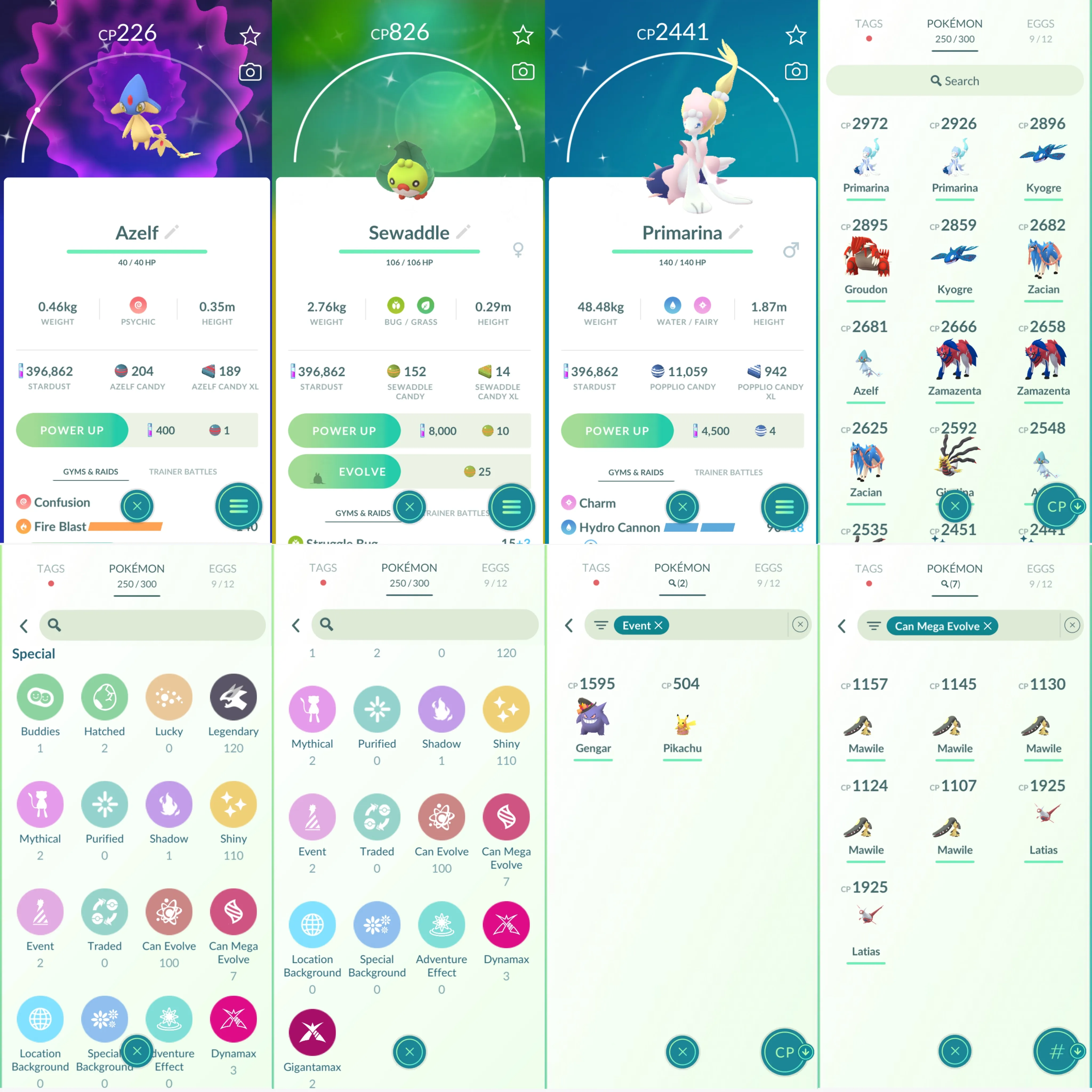 1399 LV40 Coin2306 Hitmonlee100 Primarina100 Shiny: groudon, uxie, azelf, zacian, primarina, shinx, Scyther, pidgey, oddish