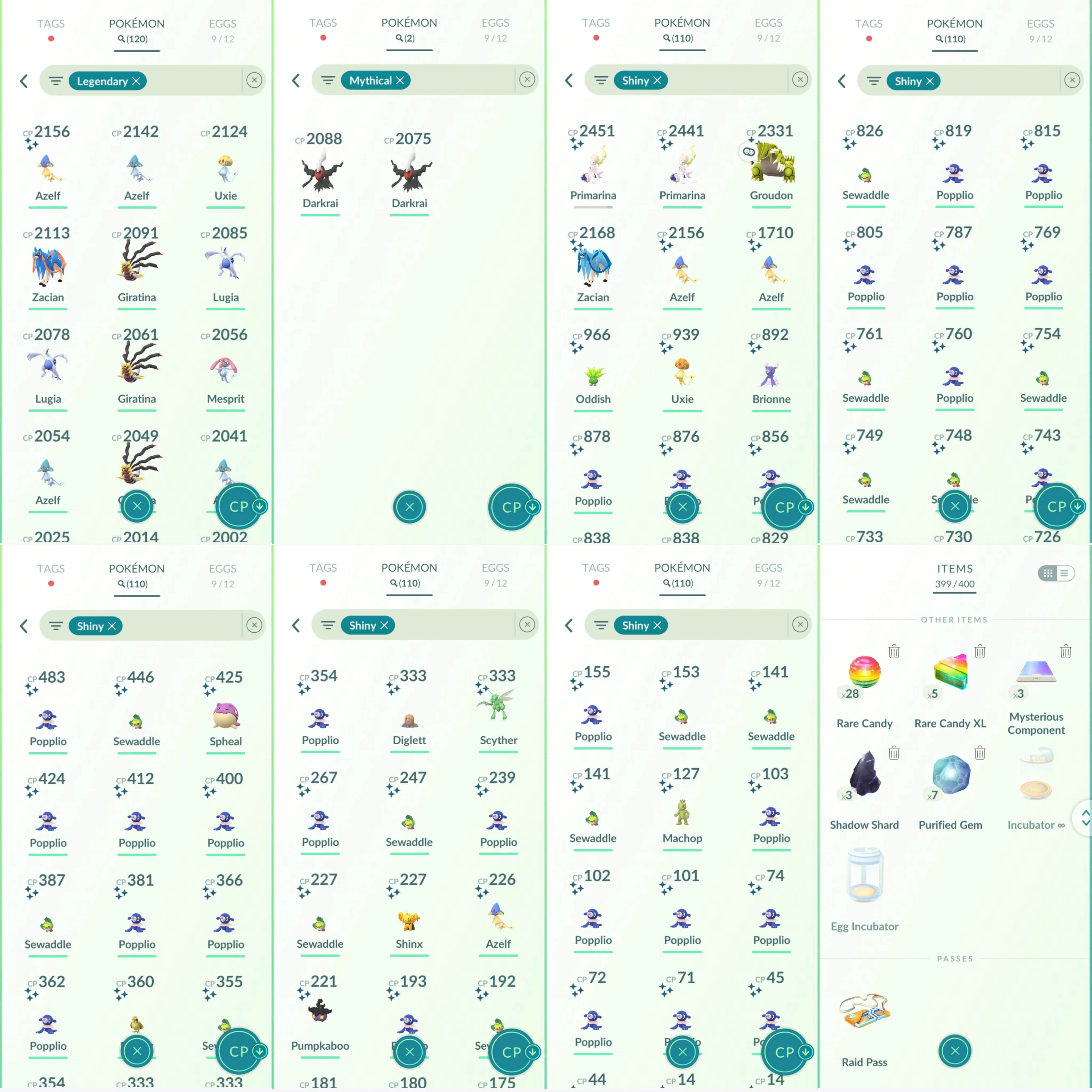 1399 LV40 Coin2306 Hitmonlee100 Primarina100 Shiny: groudon, uxie, azelf, zacian, primarina, shinx, Scyther, pidgey, oddish