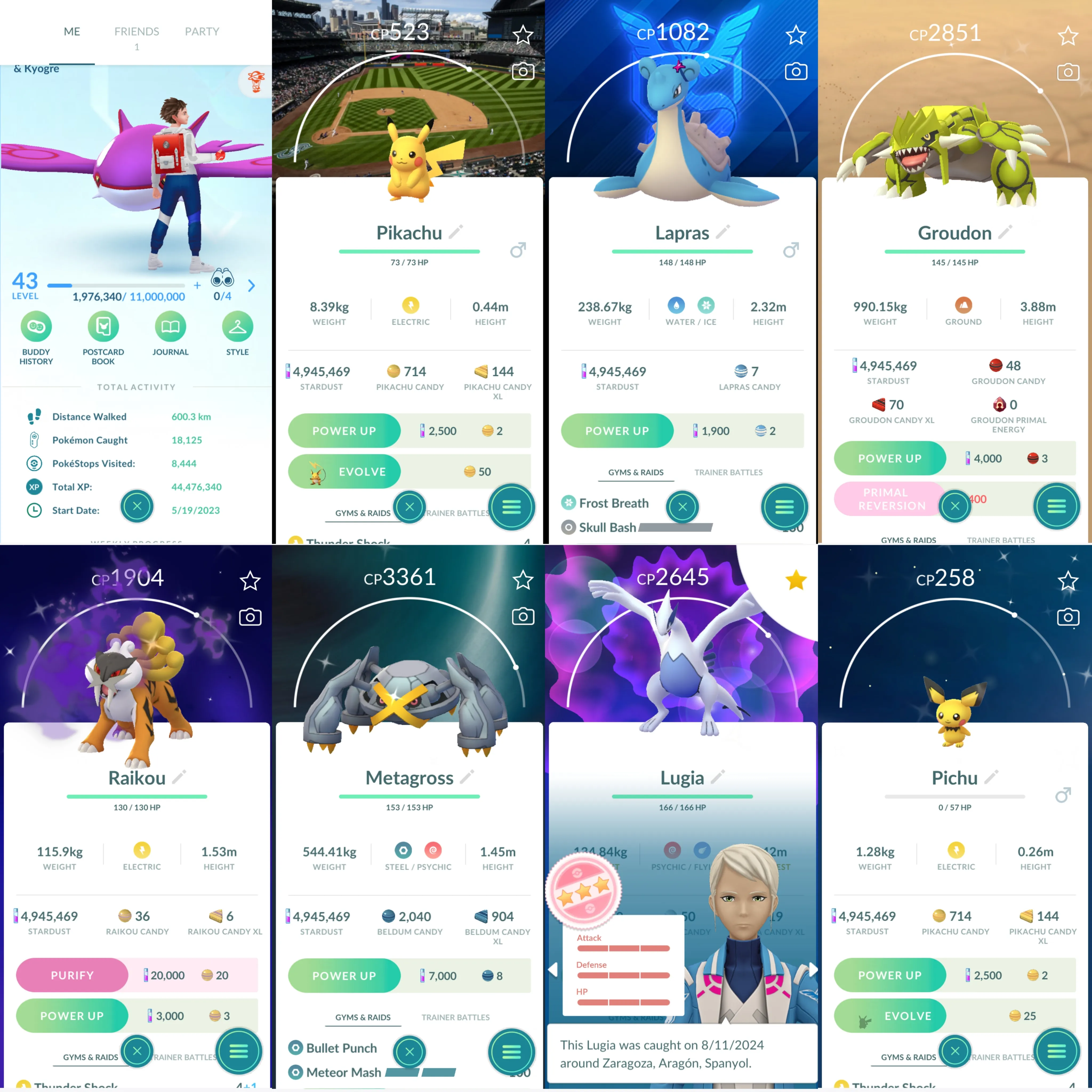 1418 LV43 Hundo500 Lugia100 Yveltal100 Pikachu Seattle Bg  Shiny: metagross, groudon, kyogre, shadow raikou, pichu