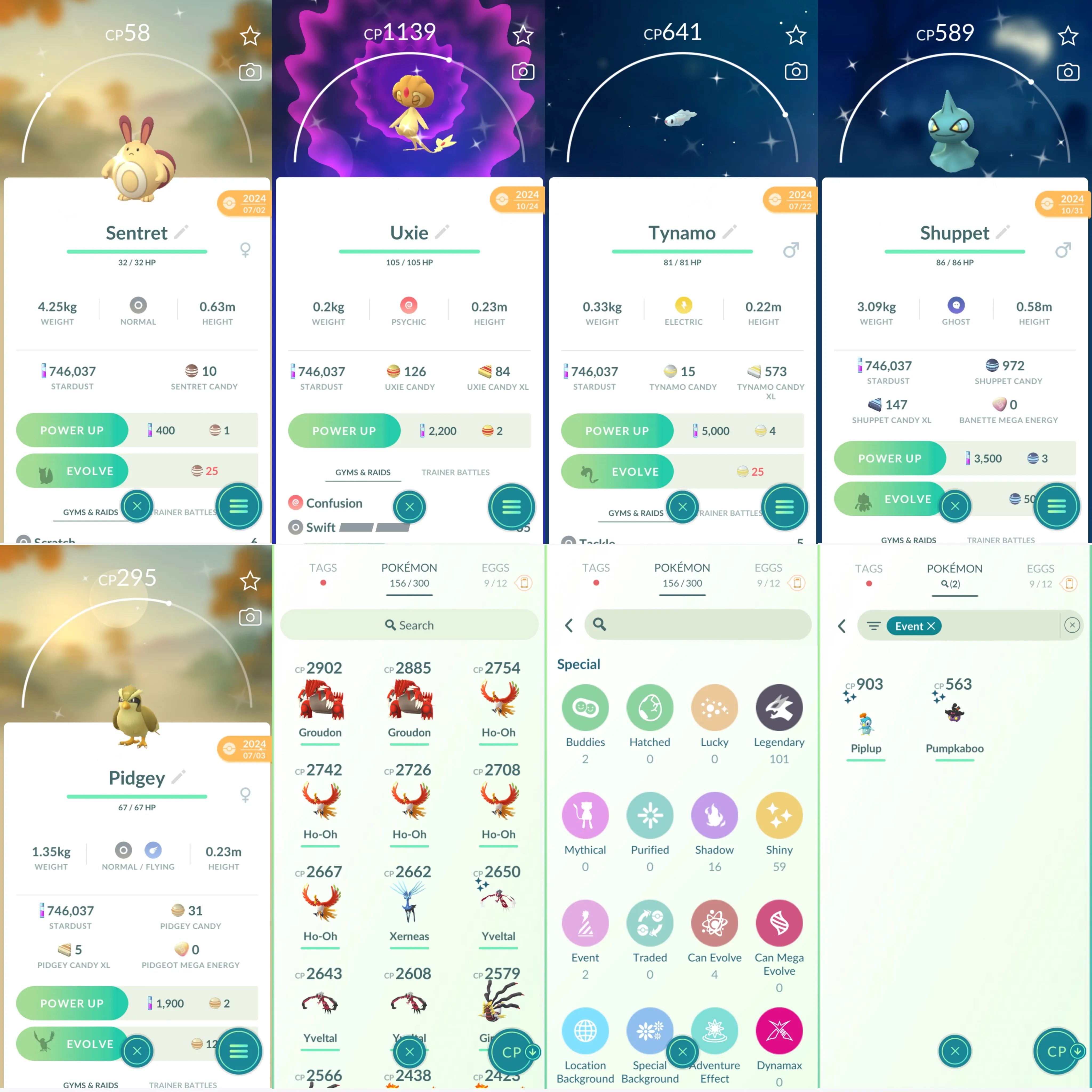 1460 LV40 Shiny: shadow raikou, yveltal, uxie, zamazenta, pumpkin Piplup, haloween pumpkaboo, sudowoodoo, sentret, uxie, shuppet
