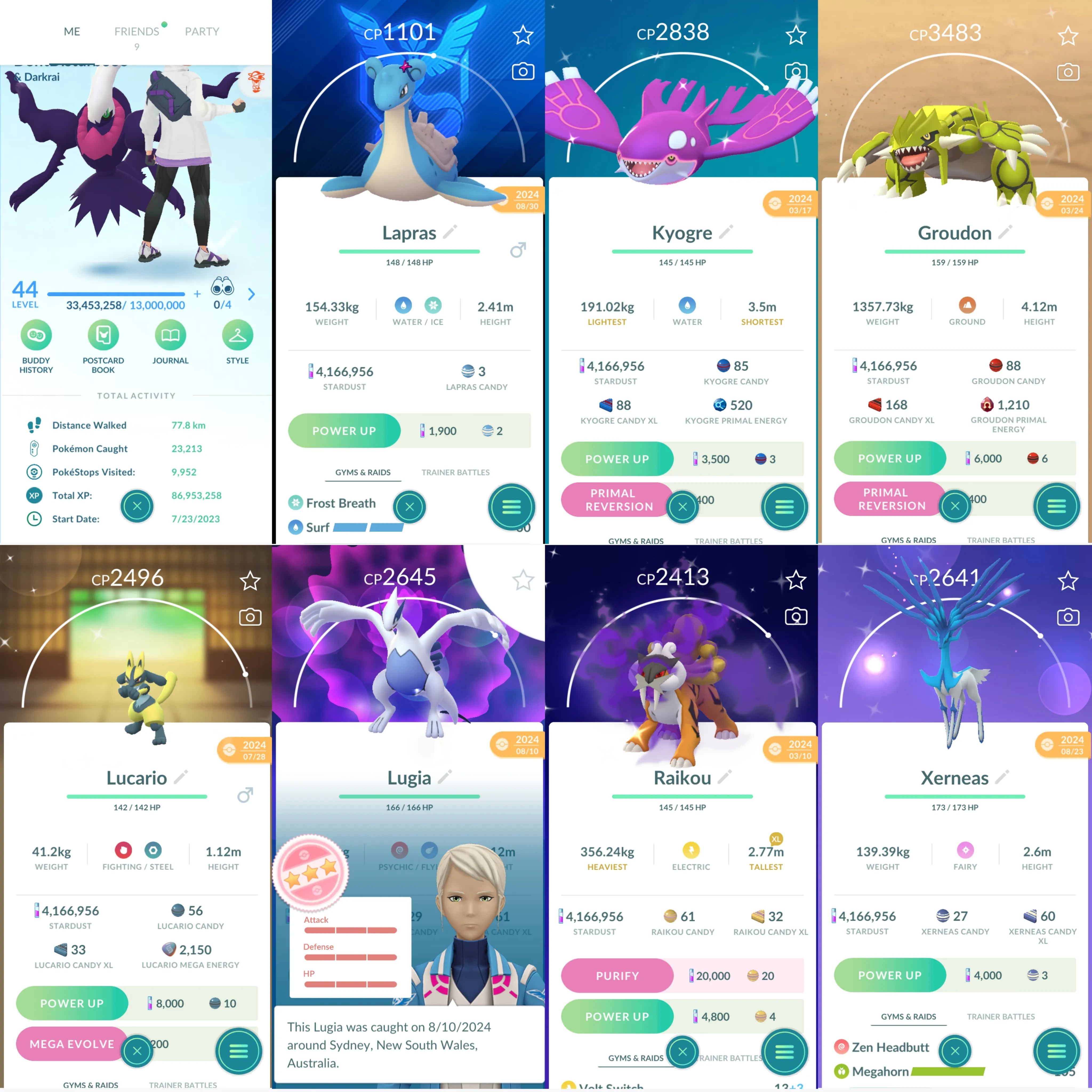 1476 LV44 Lugia100 Shiny: Charmeleon, mega kyogre, mega groudon, mega Lucario, shadow raikou, xerneas, giratina, lugia, articuno