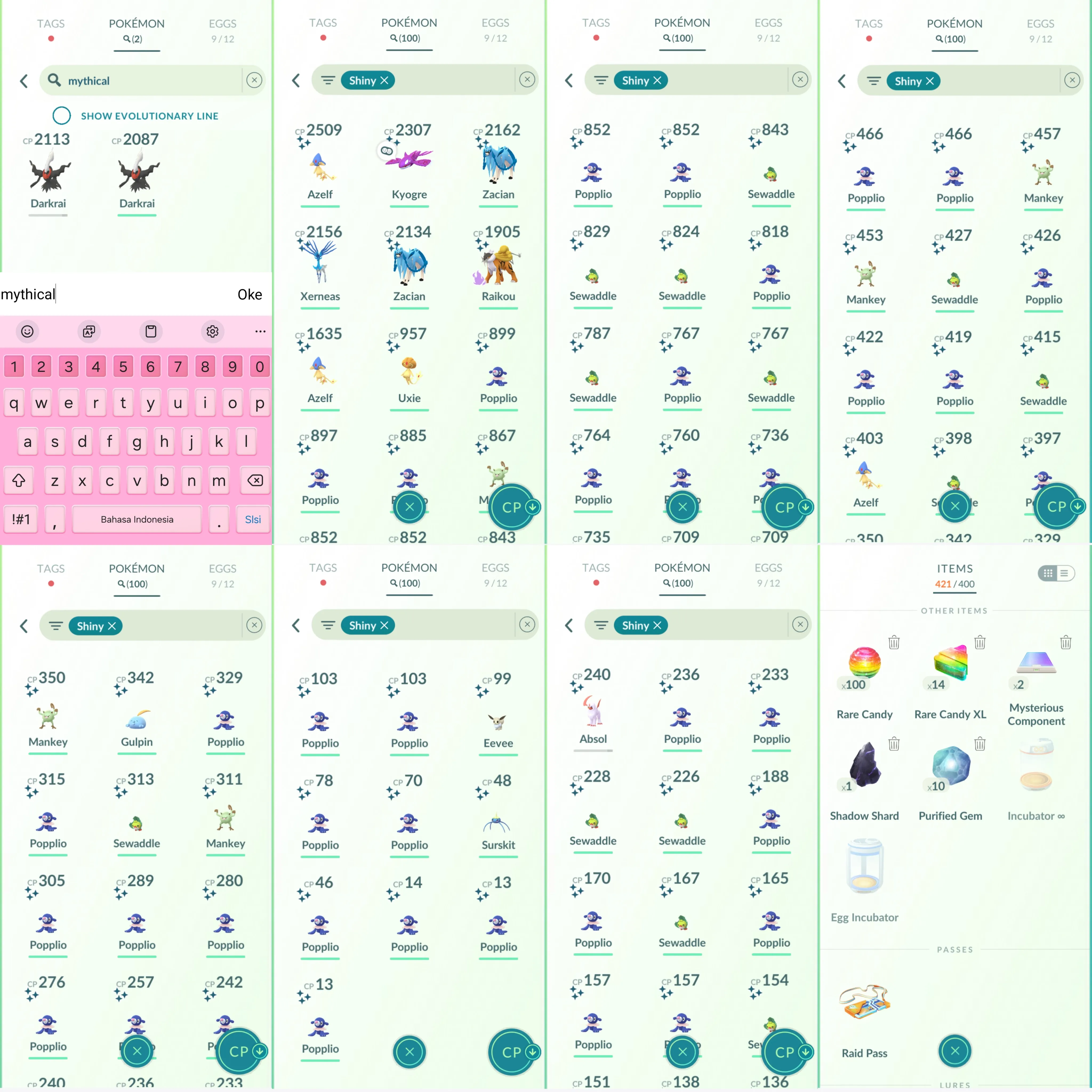 1479LV40 RareCandy100 Shiny: azelf, kyogre, zacian, shadow raikou, xerneas, uxie, absol, gulpin, eevee, surskit, popplio, mankey