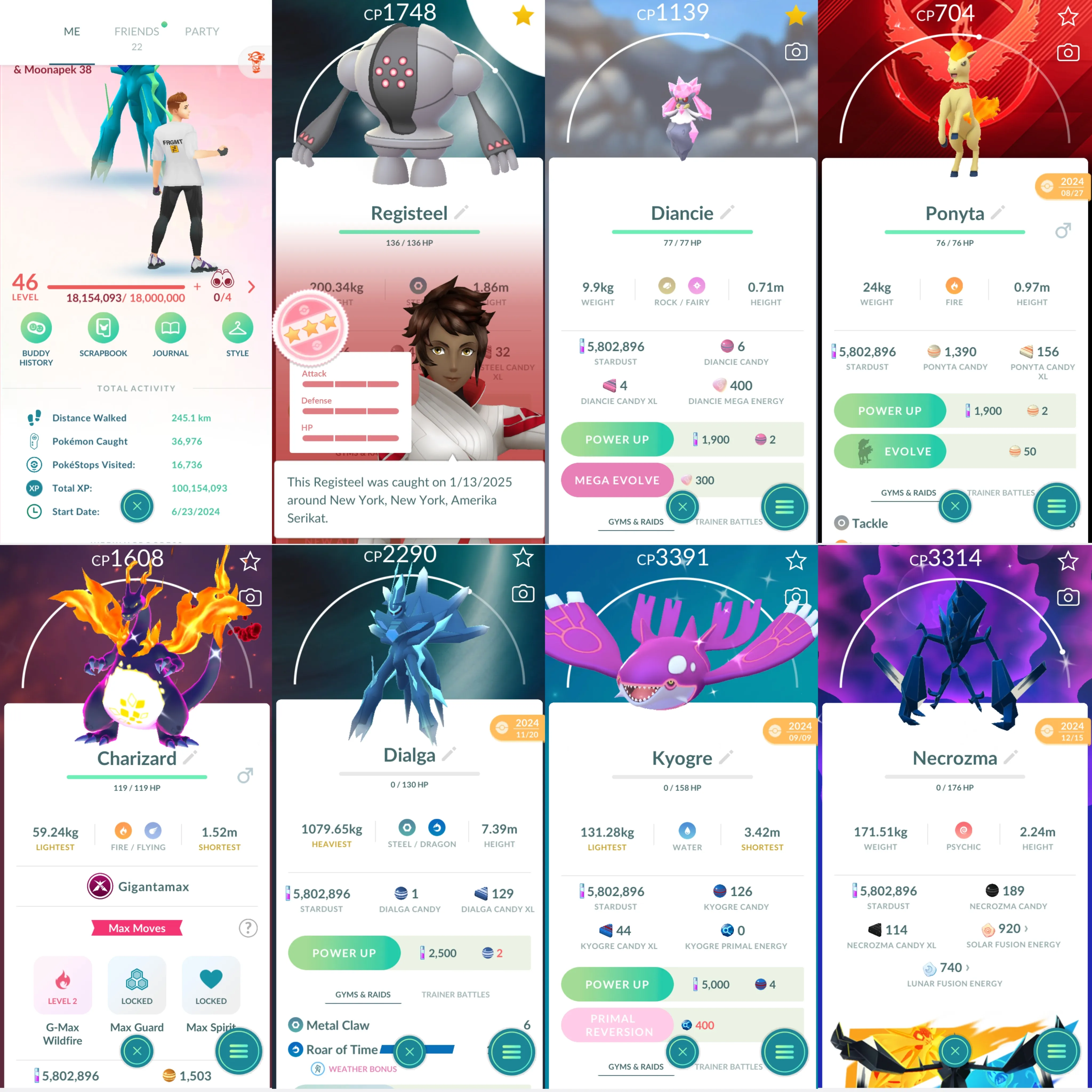 1737 LV46 Roar of Time Shiny GMax Charizard Shiny Necrozma Shiny Kyogre Shiny: shadow entei, registeel, tapu Koko, Regirock