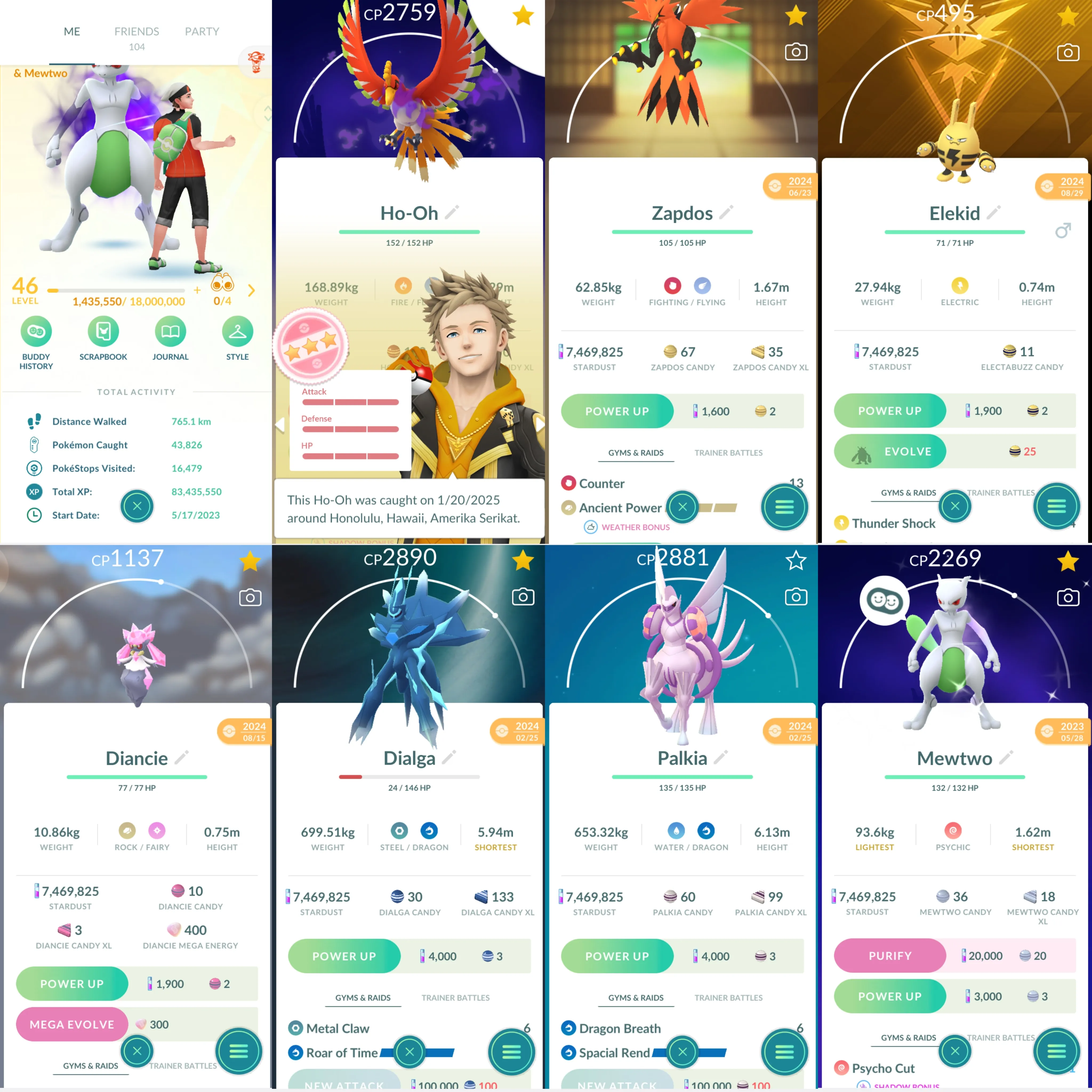 1738 LV46 Shiny Shadow Mewtwo Mewtwo100 Shiny Deoxys Galarian Zapdos Spacial Rend  Roar of Time Shadow Ho-Oh100 Mega Diancie