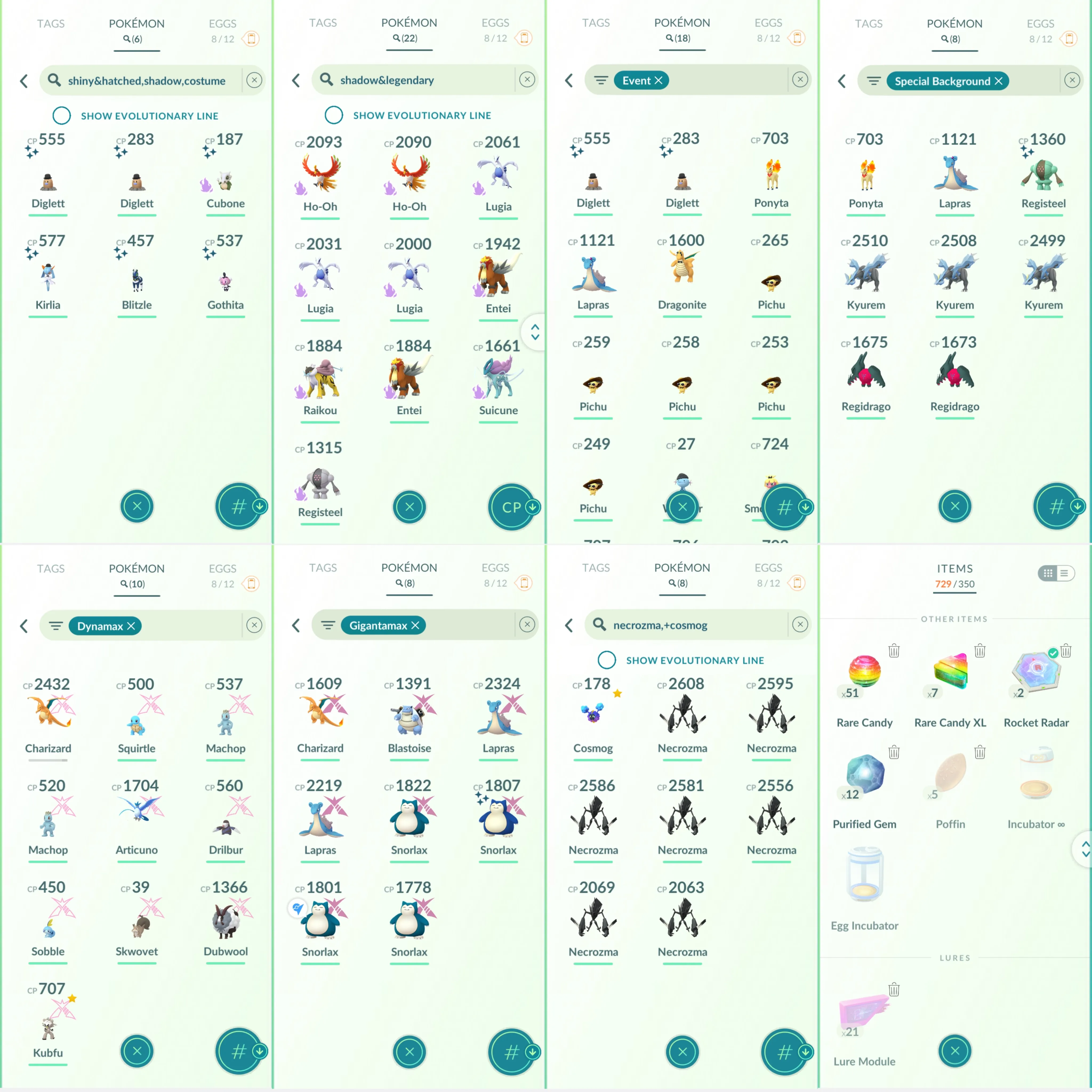 1755 LV46 Shiny GMax Snorlax Shiny Rare Registeel BG GMax Charizard GMax Blastoise GMax Lapras Shiny Blacephalon