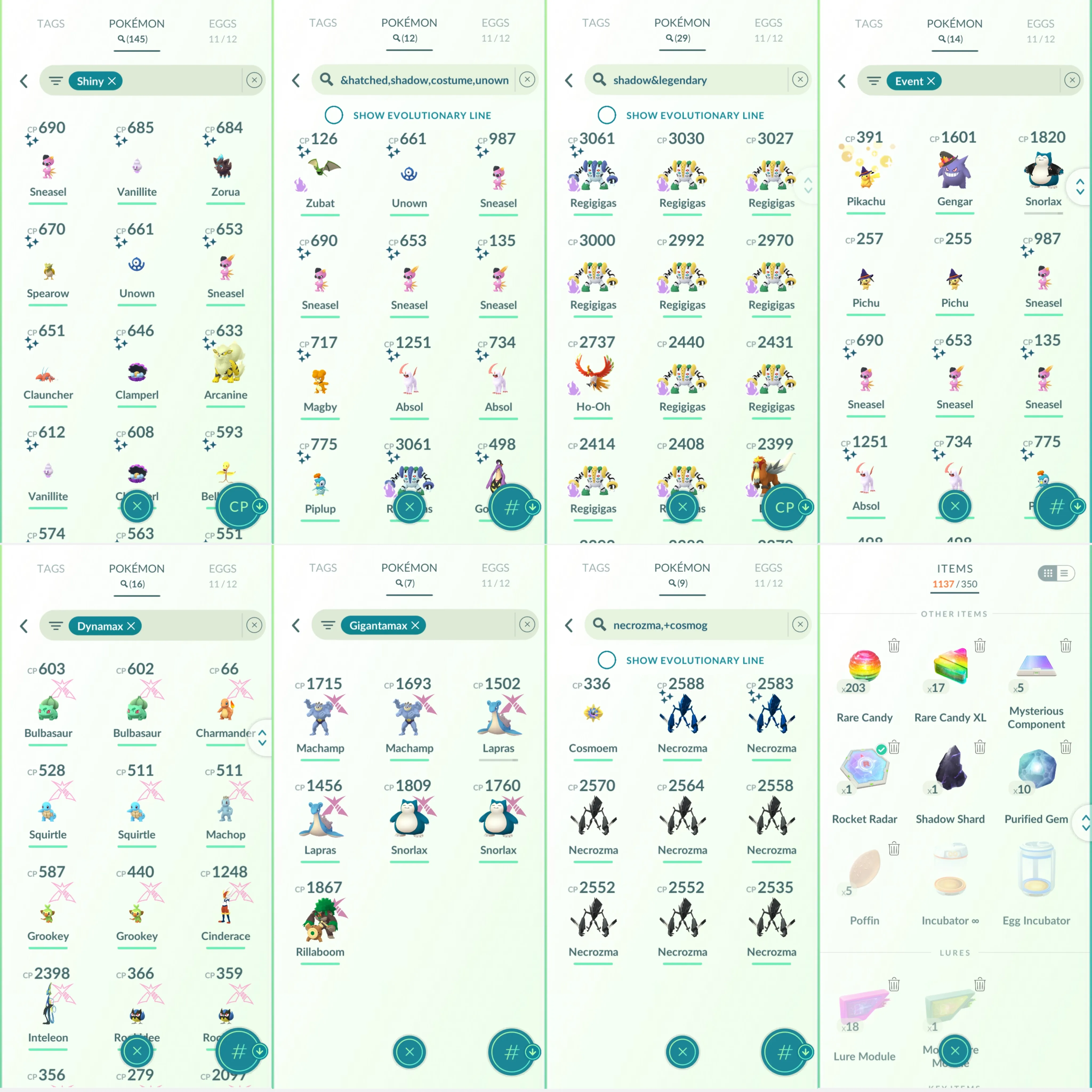 1768 LV46 GMax Machamp GMax Lapras GMax Snorlax GMax Rilaboom Shiny: Mega Heracross, necrozma, giratina origin+altered, groudon
