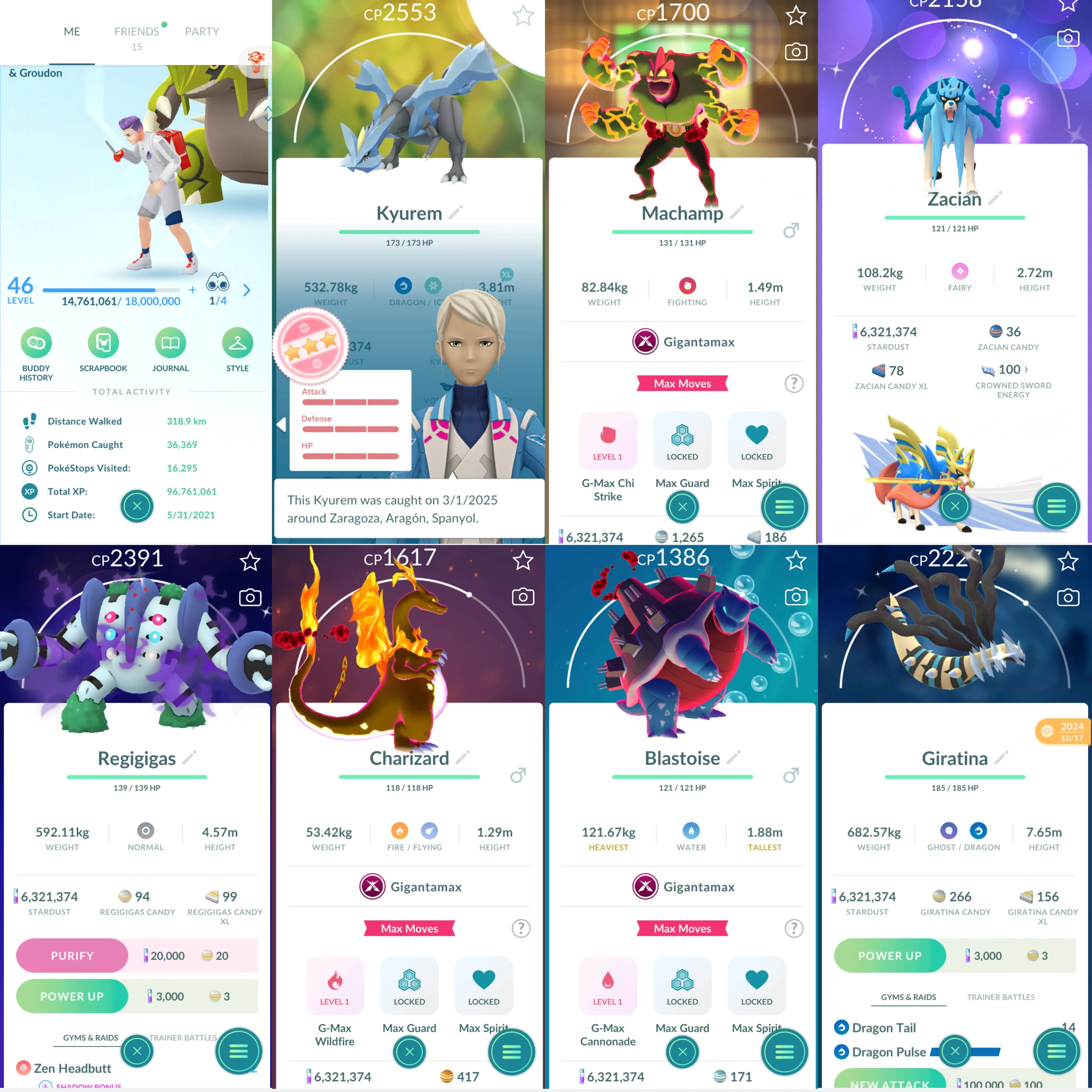 1775 LV46 Shiny GMax Machamp GMax: Charizard, Blastoise, Machamp, Lapras, Rillaboom Shiny: Zacian, Shadow Regigigas, Regice