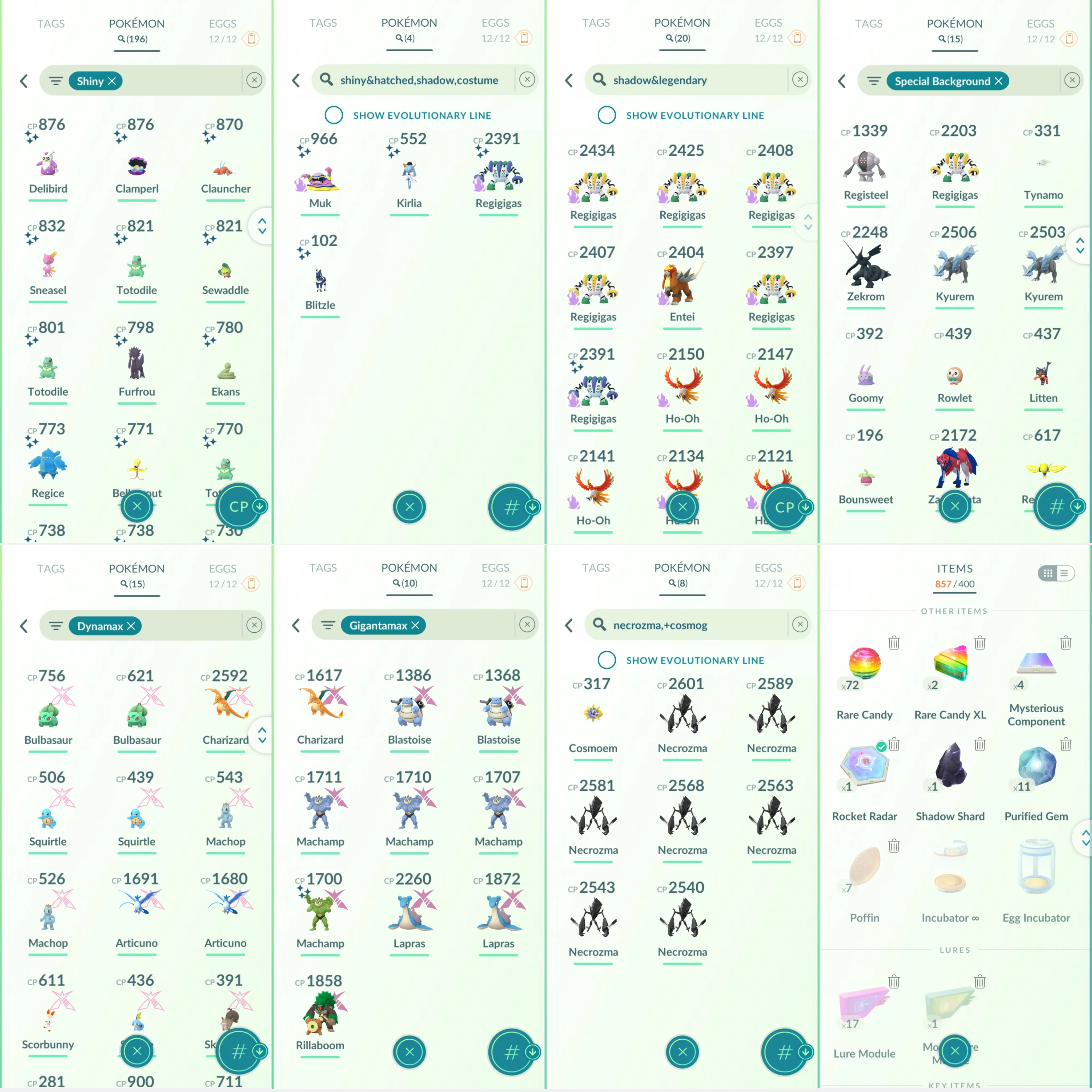 1775 LV46 Shiny GMax Machamp GMax: Charizard, Blastoise, Machamp, Lapras, Rillaboom Shiny: Zacian, Shadow Regigigas, Regice