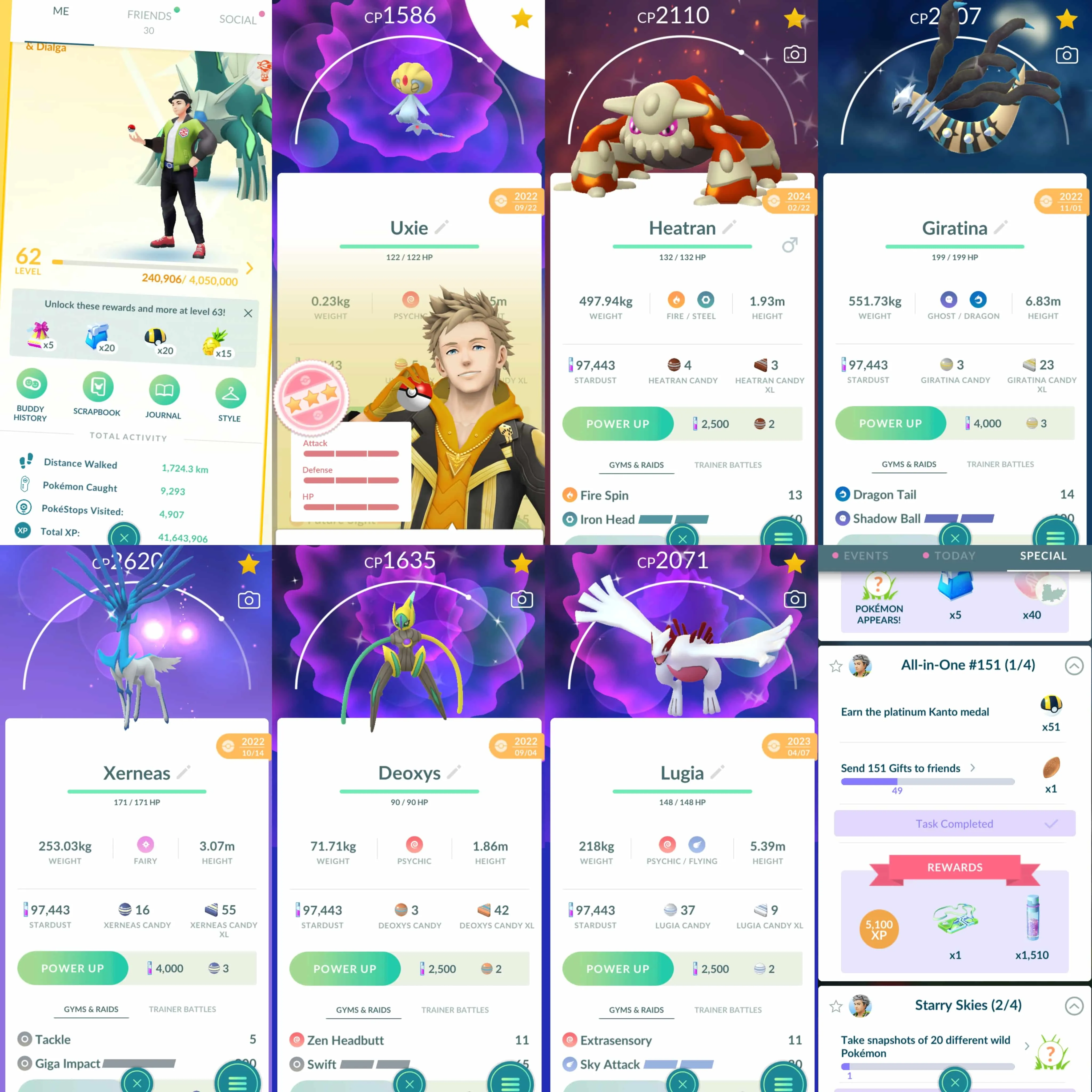 1790 Level 62 Shiny Mew Quest Shiny: deoxys, lugia, dragonite, gigalith, obstagoon, heatran, giratina, xerneas, dialga  Cosmog Zarude Hoopa Meloetta Uxie100  -Masterball in stock -Catching Wonders (Masterball Quest) -All-in-One 151