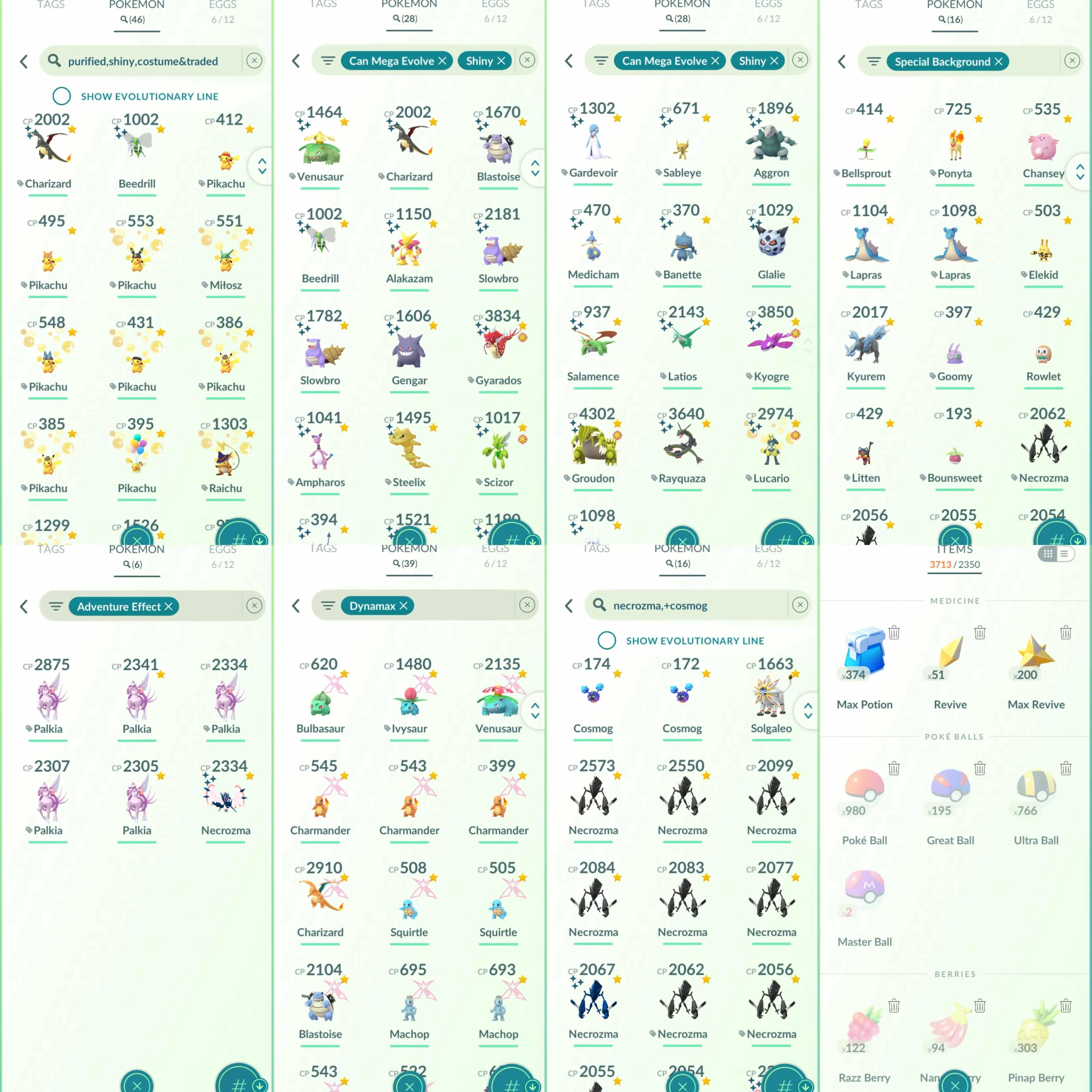 1804 Level 70 Shadow Apex Ho-OH Shadow Apex Lugia Shiny Jirachi Shiny Mega Rayquaza Shiny Mewtwo Shiny Deoxys Shiny Dawn Wings Necrozma Shiny Primal Groudon - Kyogre Shiny Mega: Lucario (lucky), Latios, Charizard, Gardevoir, gengar, Gyarados.