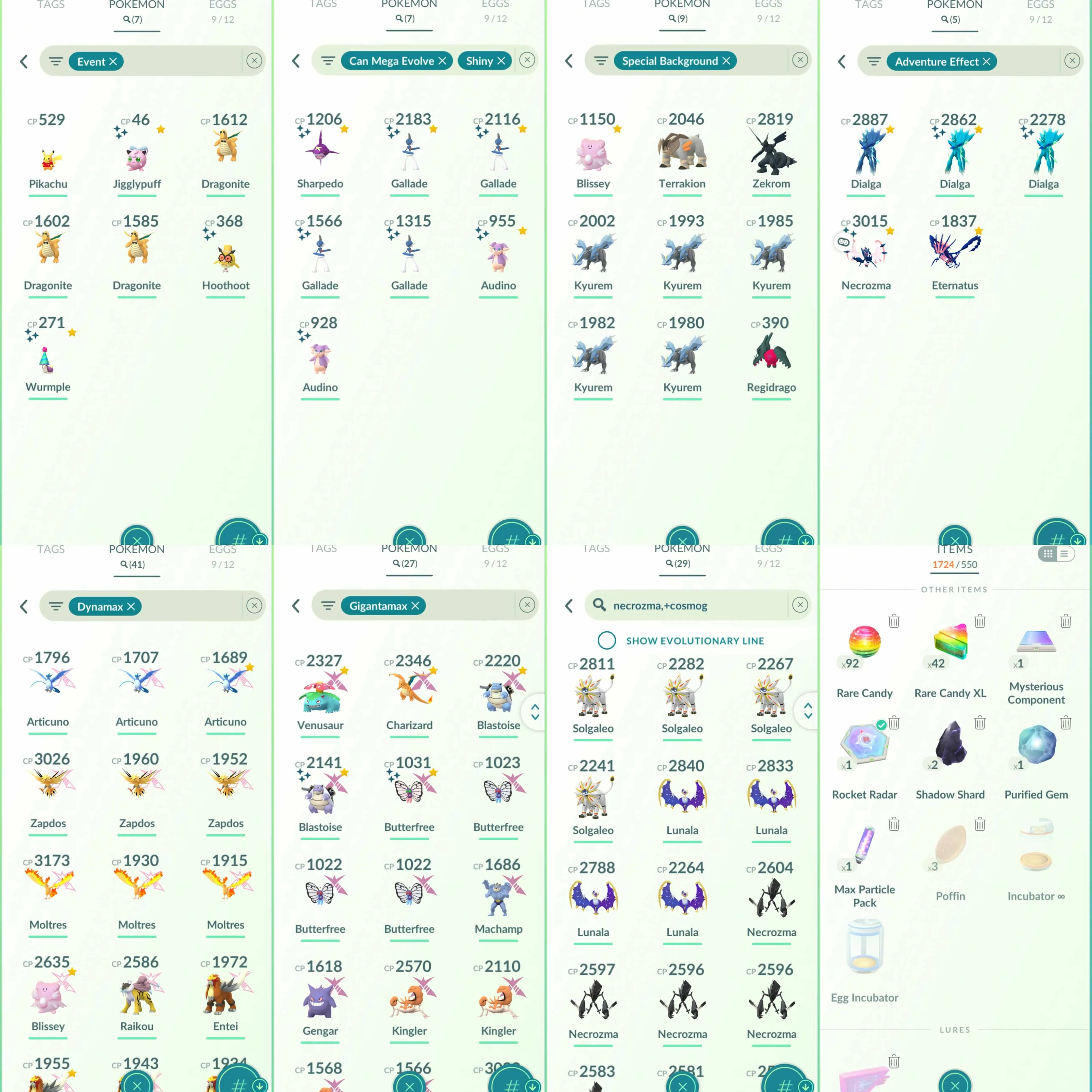 1805 Level 60 Eternatus Shiny Dawn Wings Necrozma Shiny GMax Blastoise Shiny GMax Butterfree Shiny: Dialga Origin Roar of Time, shadow Kyogre, articuno, zamazenta, kyurem, shadow ho-oh, cresselia, shadow regigigas, terrakion, cobalion