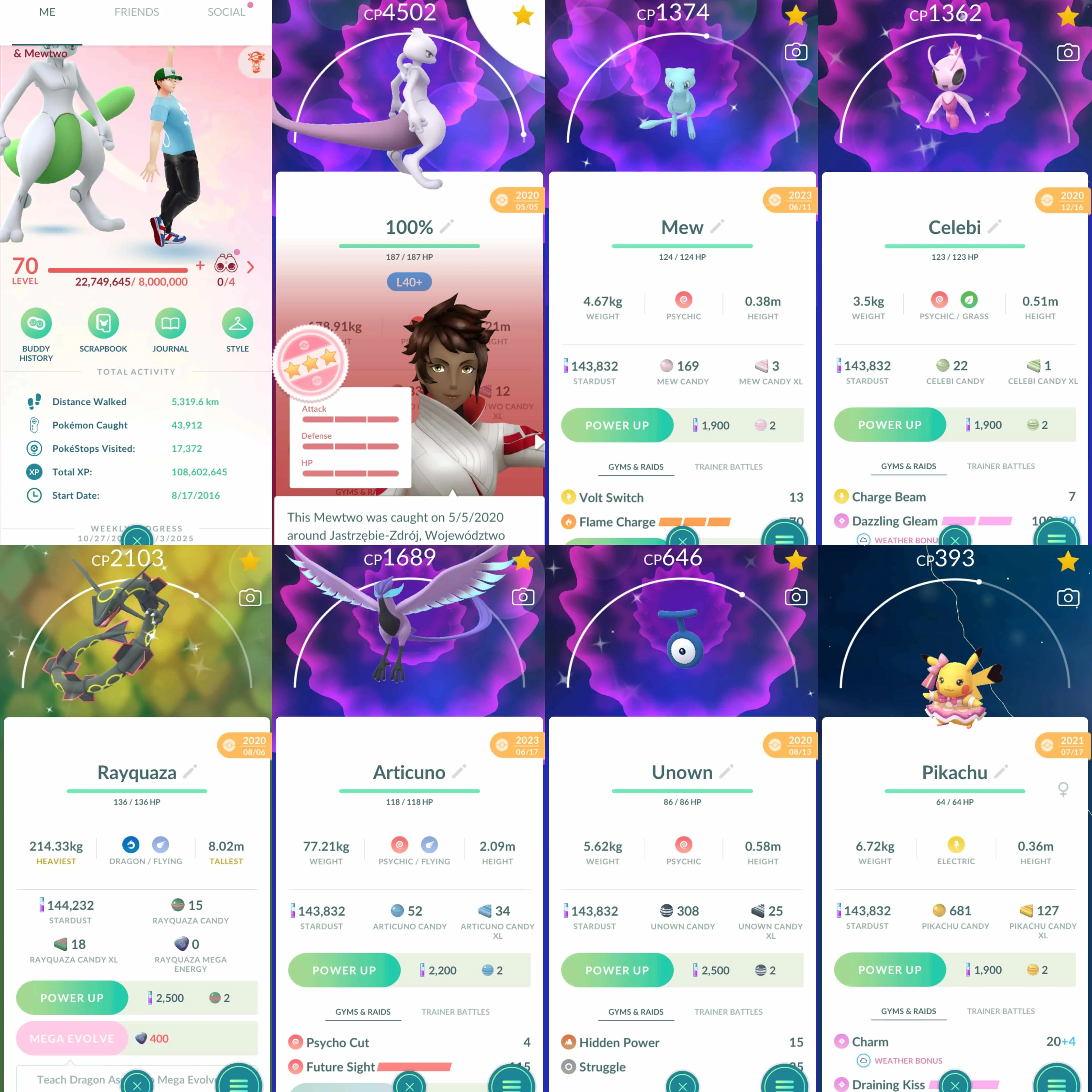 1814 Level 70 2016. Shiny Mew Shiny Celebi Shiny Mewtwo Shiny Rayquaza Mewtwo IV 100 x2 Raikou IV 100 Melmetal IV 100 Shiny: Deoxys, Lugia, Ho-Oh, Latios, Groudon, Kyogre, Dialga, Regigigas, Giratina, Sylveon, Gastly, Garchomp, etc.