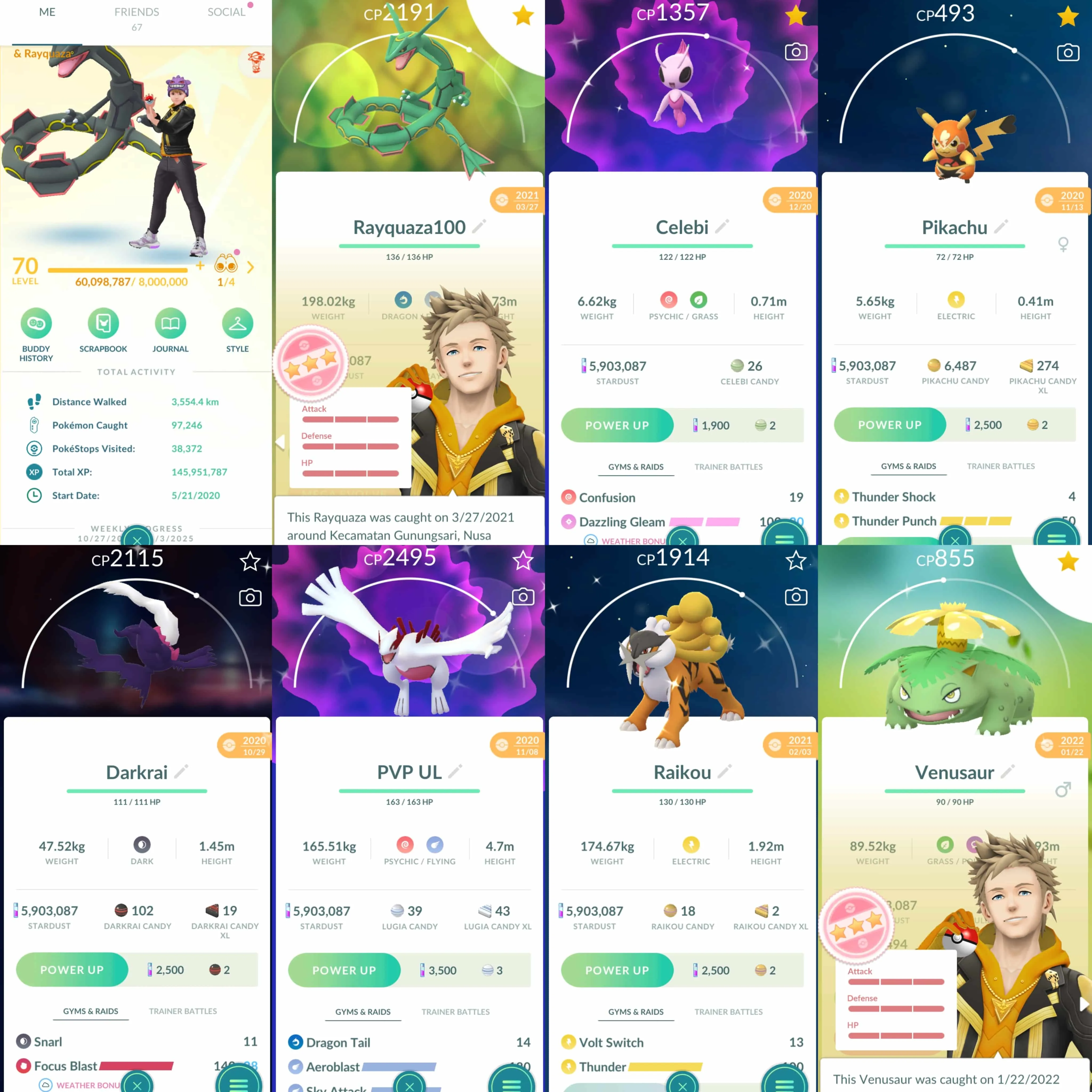 1818 Level 70 Rayquaza100 Shiny Rayquaza Shiny Celebi Shiny Darkrai Shiny Shadow Lapras Shiny Mega Charizard Shiny: Reshiram, Raikou, Snorlax, Dialga, Lugia, Mega Venusaur, Mega Gengar, etc.