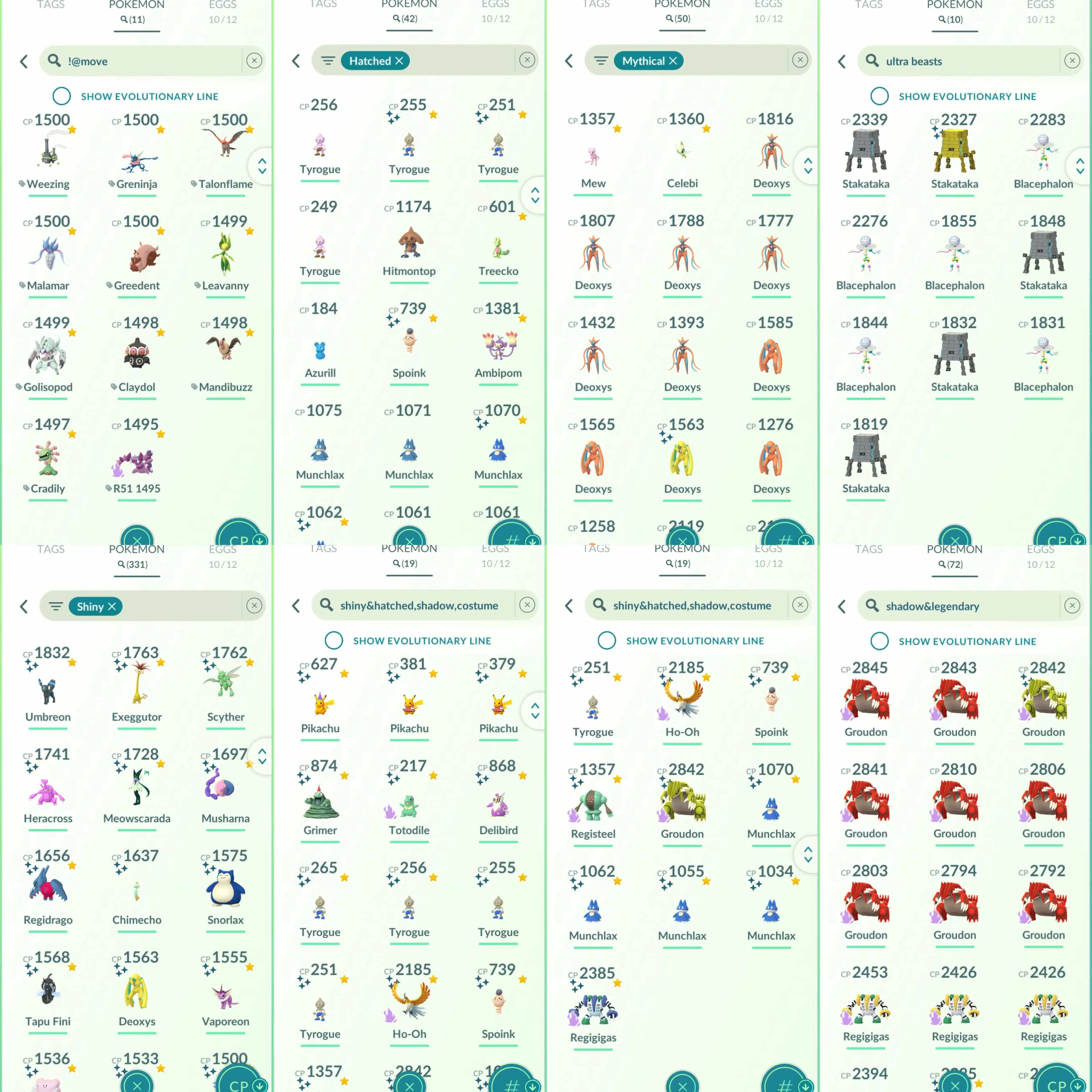 1832 Level 70 Legacy50. Shundo Lucky Mewtwo Shundo Sylveon Shundo Corviknight Solgaleo - Lunala Shiny: shadow Ho-Oh, shadow Registeel, Kyogre, shadow Groudon, Deoxys, Dialga Origin, Palkia Origin, shadow Regigigas, Reshiram, Necrozma, Stakataka