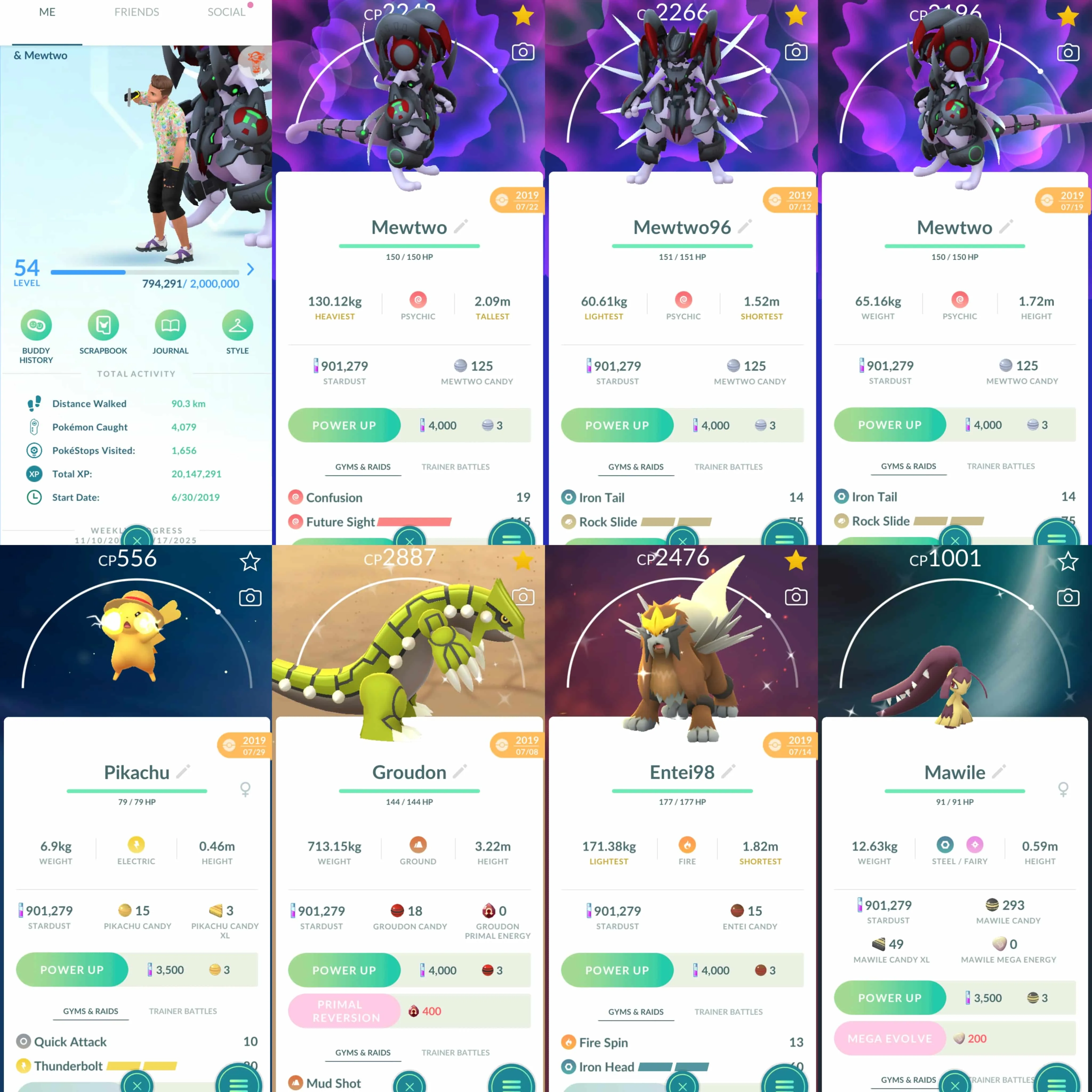1840 Level 54 2019. Armored Mewtwo 2019 x6 tradeable Pikachu Straw Hat Shiny Groudon Shiny Entei Shiny Mawile Shiny Slakoth Shiny Eevee