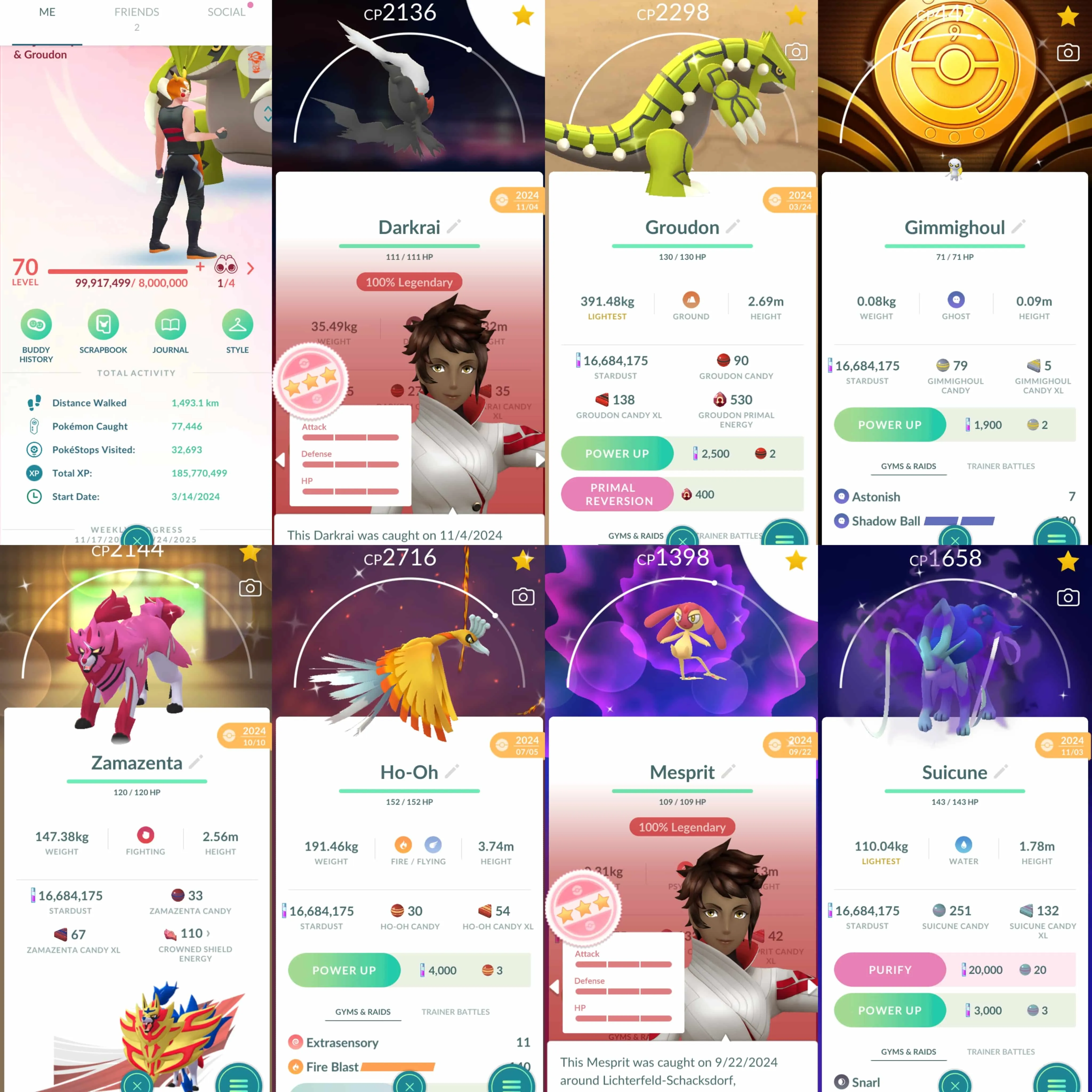 1852 Level 70 Darkrai100 Xerneas100 Suicune100 Regigigas100 Shundo Mesprit Primal Kyogre100 Coin9020 Master Ball x2 Shiny: Moltres, shadow Entei