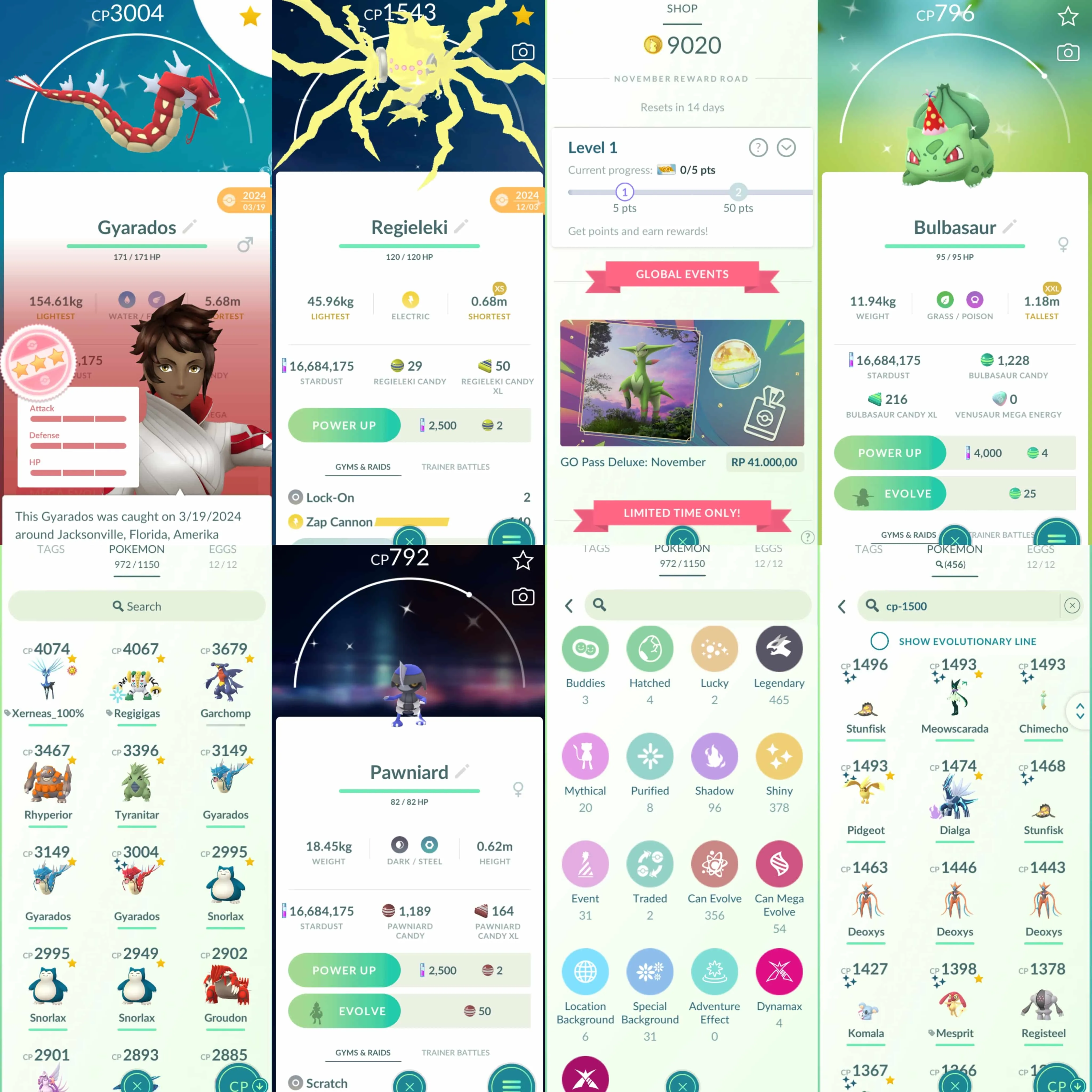 1852 Level 70 Darkrai100 Xerneas100 Suicune100 Regigigas100 Shundo Mesprit Primal Kyogre100 Coin9020 Master Ball x2 Shiny: Moltres, shadow Entei