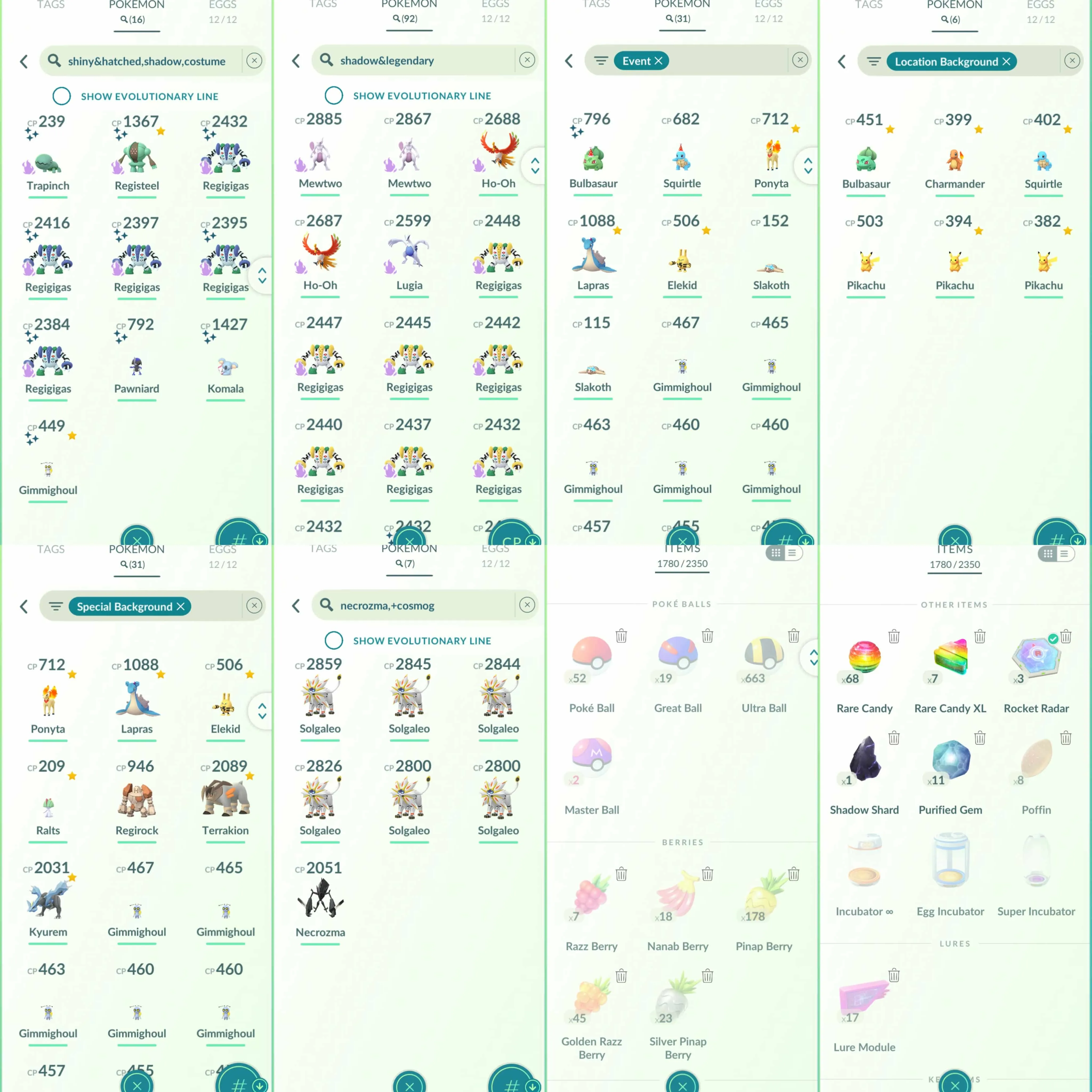 1852 Level 70 Darkrai100 Xerneas100 Suicune100 Regigigas100 Shundo Mesprit Primal Kyogre100 Coin9020 Master Ball x2 Shiny: Moltres, shadow Entei