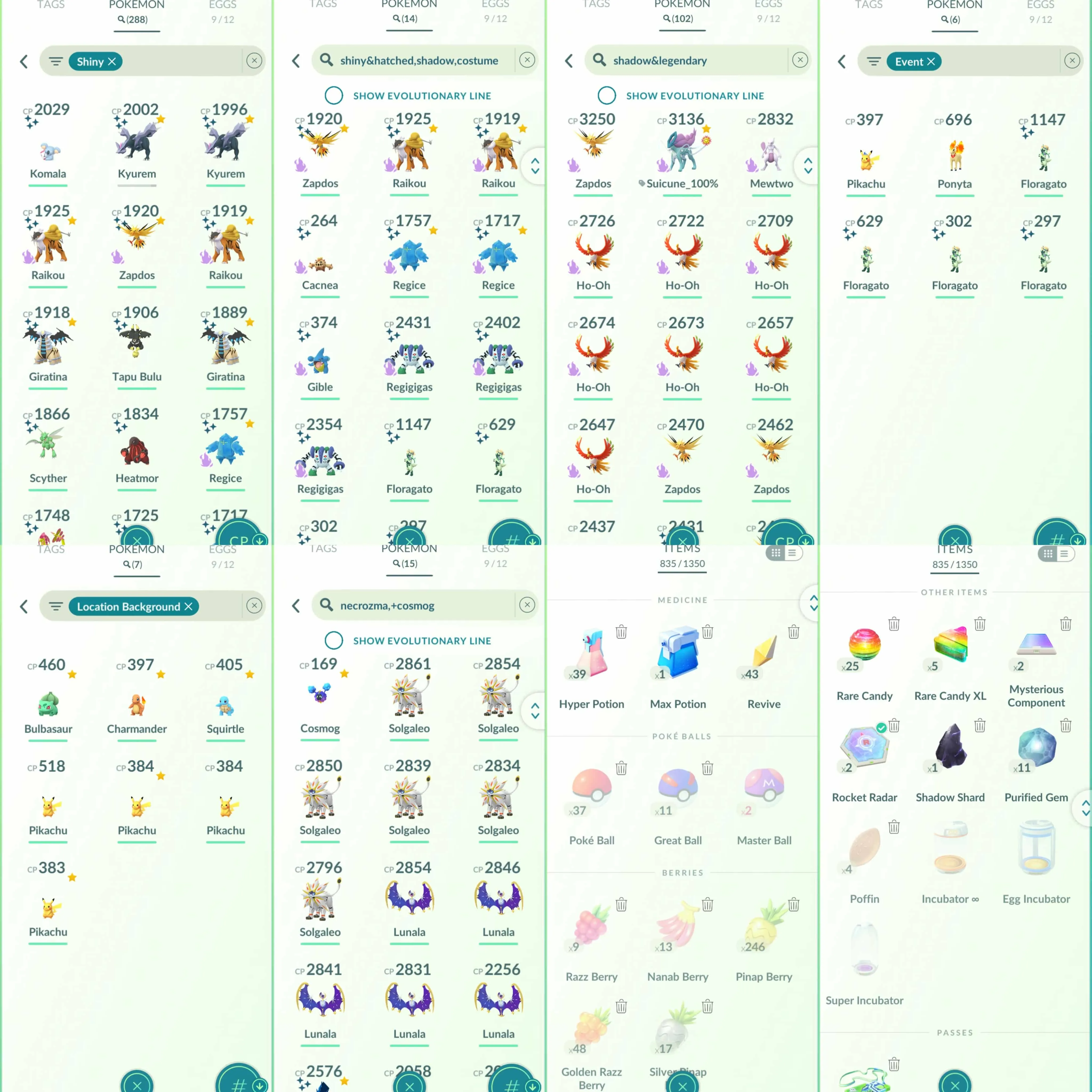1866 Level 70 Legends100x9 Shundo Lugia Shadow Suicune100 Shadow Regice100 Groudon100 Shundo Kommo-o Shiny: shadow Zapdos, Moltres, shadow Raikou