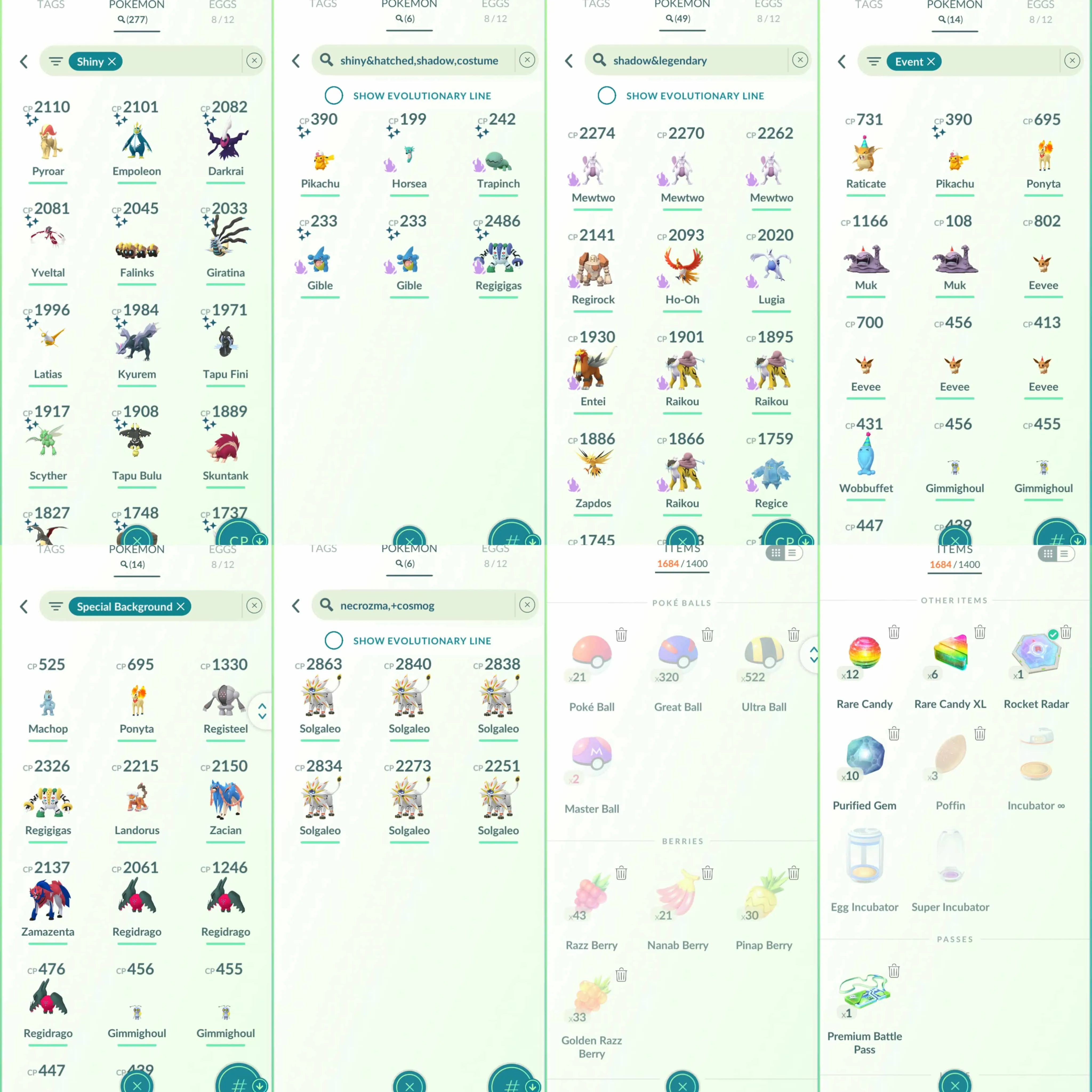 1874 Level 70 Shiny Mega Latias Shiny Charizard Shiny Darkrai Shiny Zekrom Shiny Kyurem Shiny Zacian Shiny: Articuno, Zapdos, Ho-Oh, Registeel, Kyogre
