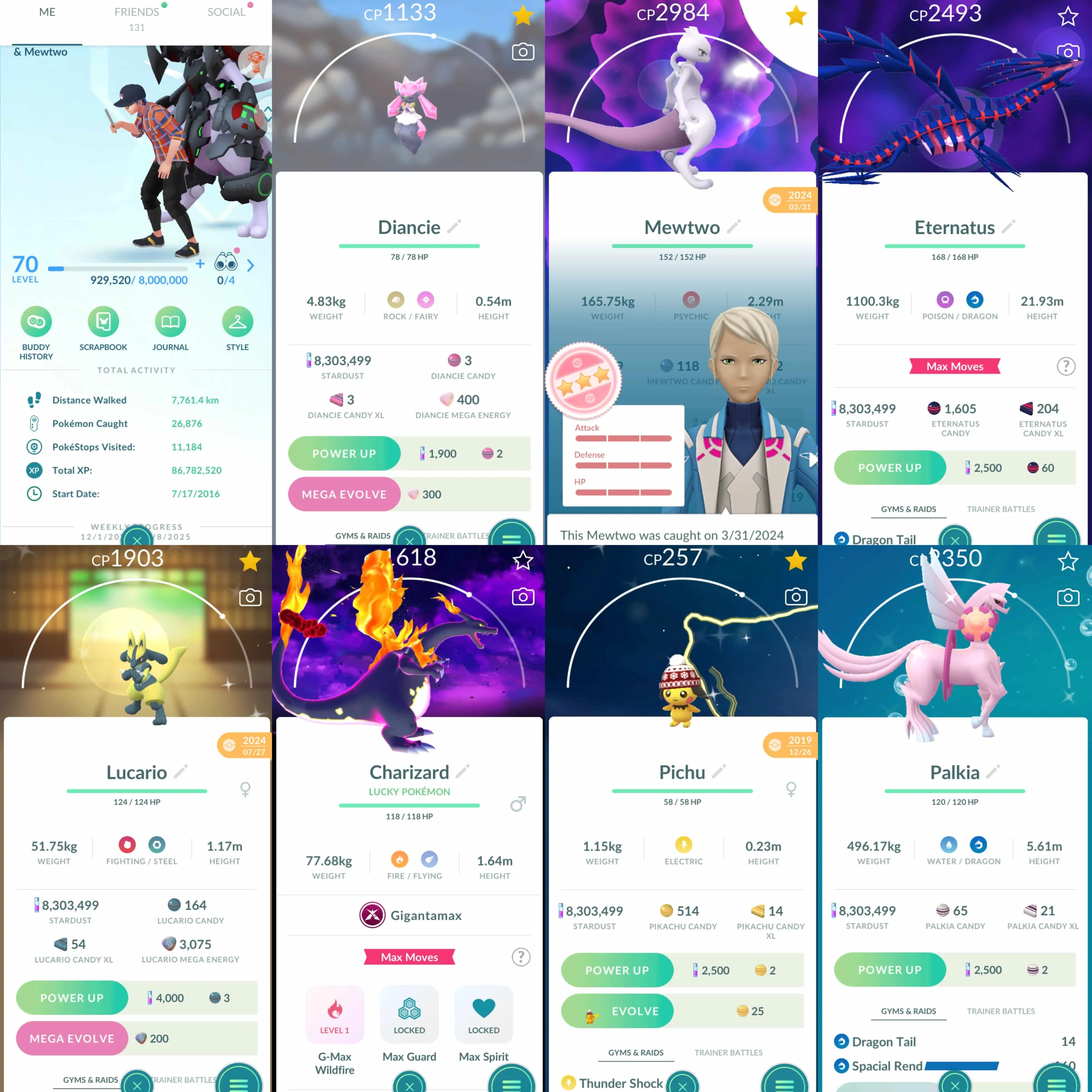 1876 Level 70 2016. Armored Mewtwo x1 tradeable Mewtwo100 Eternatus Shiny GMax Charizard BG Lucky Shiny DMax Entei BG Lucky Shiny Pichu Beanie