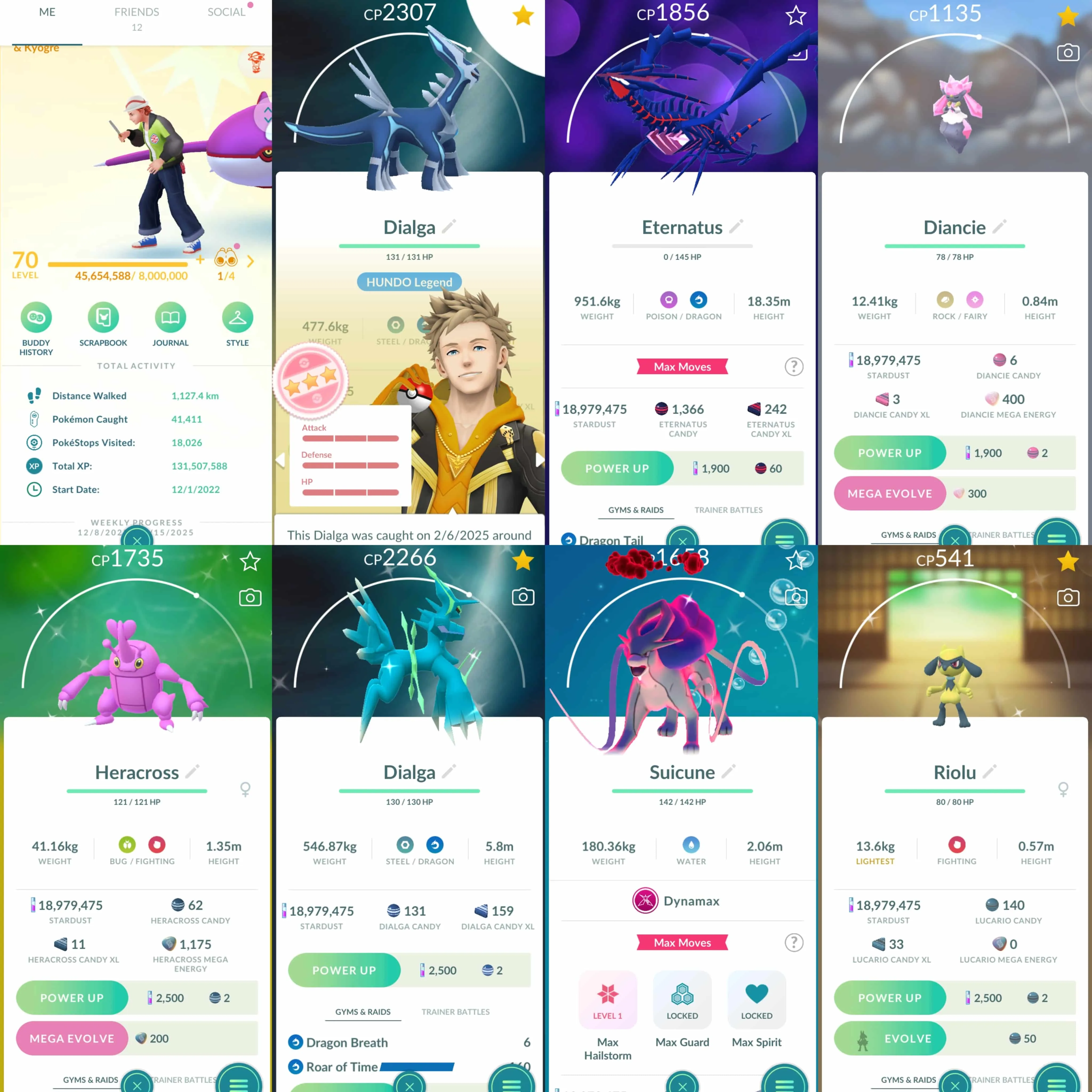 1884 Level 70 Eternatus Shiny Riolu Shiny DMax Suicune Shiny Dialga Origin Roar of Time Shundo Mega Gyarados Shundo Corviknight  Shiny Mega: Heracross, Kangaskhan, Mawile, Sharpedo.