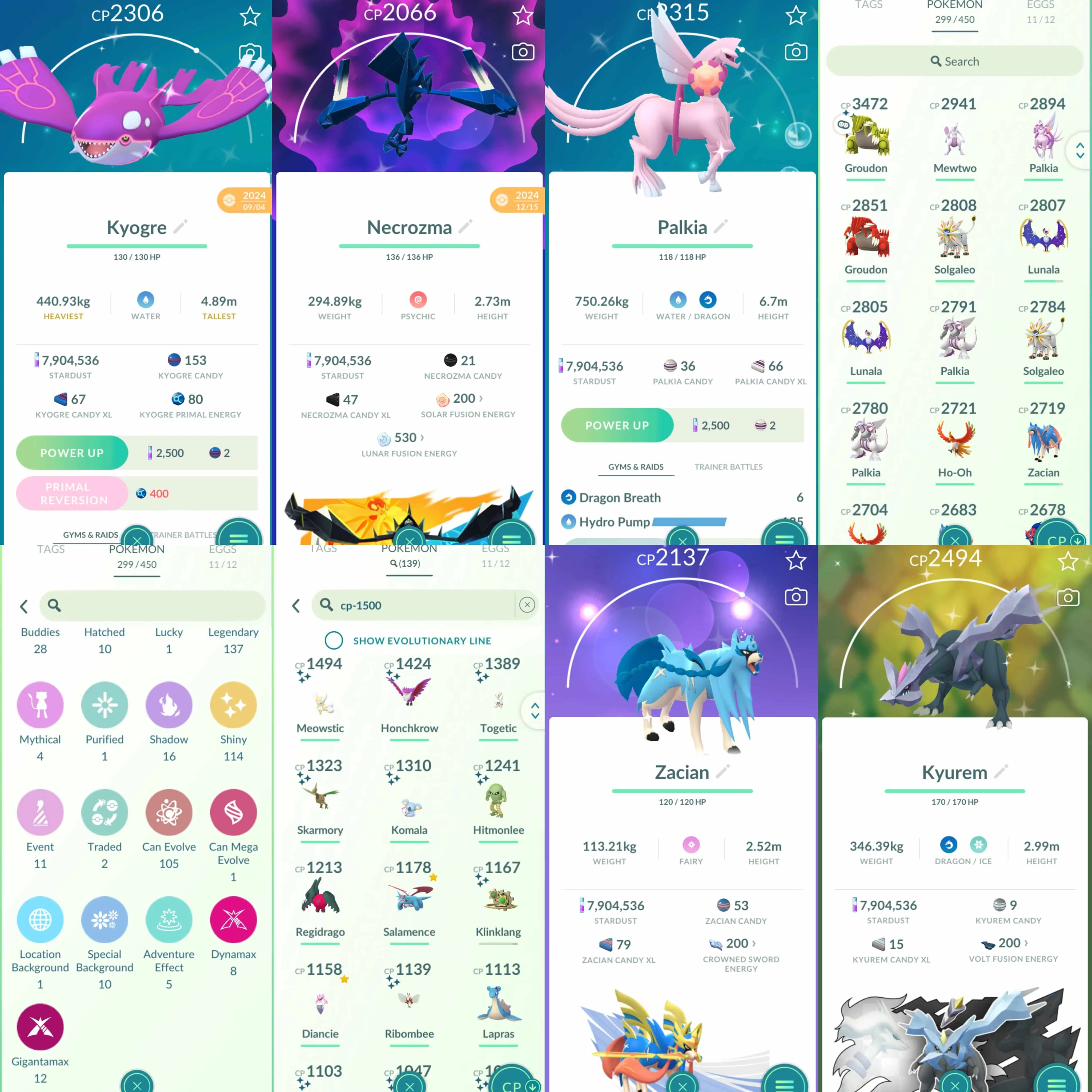 1892 Level 70 Eternatus Shiny GMax Machamp Shiny Dialga Roar of Time Shiny Palkia Origin Shiny: Kyurem, Tapu Koko, Necrozma, Zacian, Regidrago, Kyogre