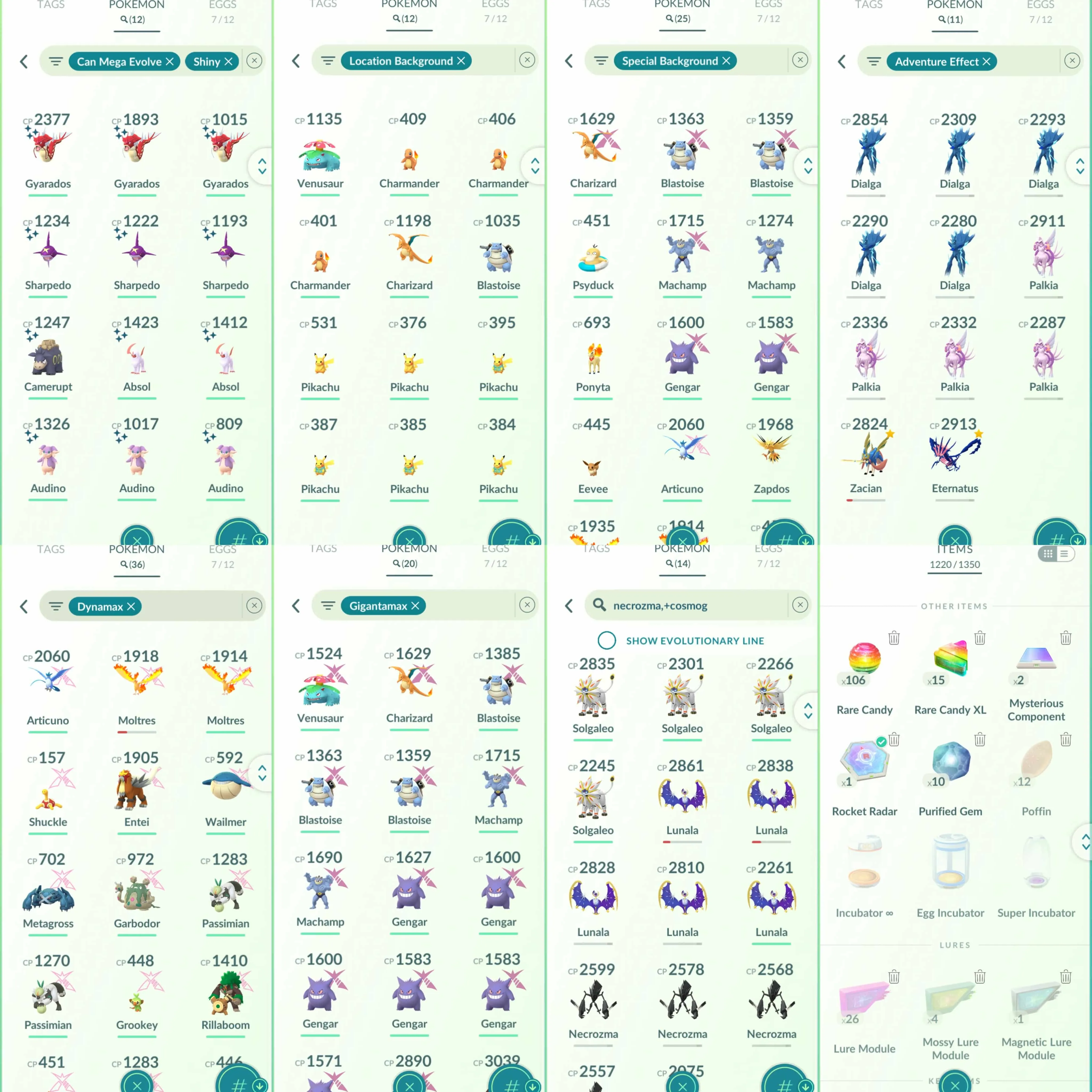 1930 Level 70 Eternatus Galarian Articuno Galarian Moltres Shiny Mega Rayquaza Shiny shadow beldum Shiny Genesect Shiny Solosis BG Shiny Mega: Gyarados, Sharpedo, Camerupt, Absol, Audino.