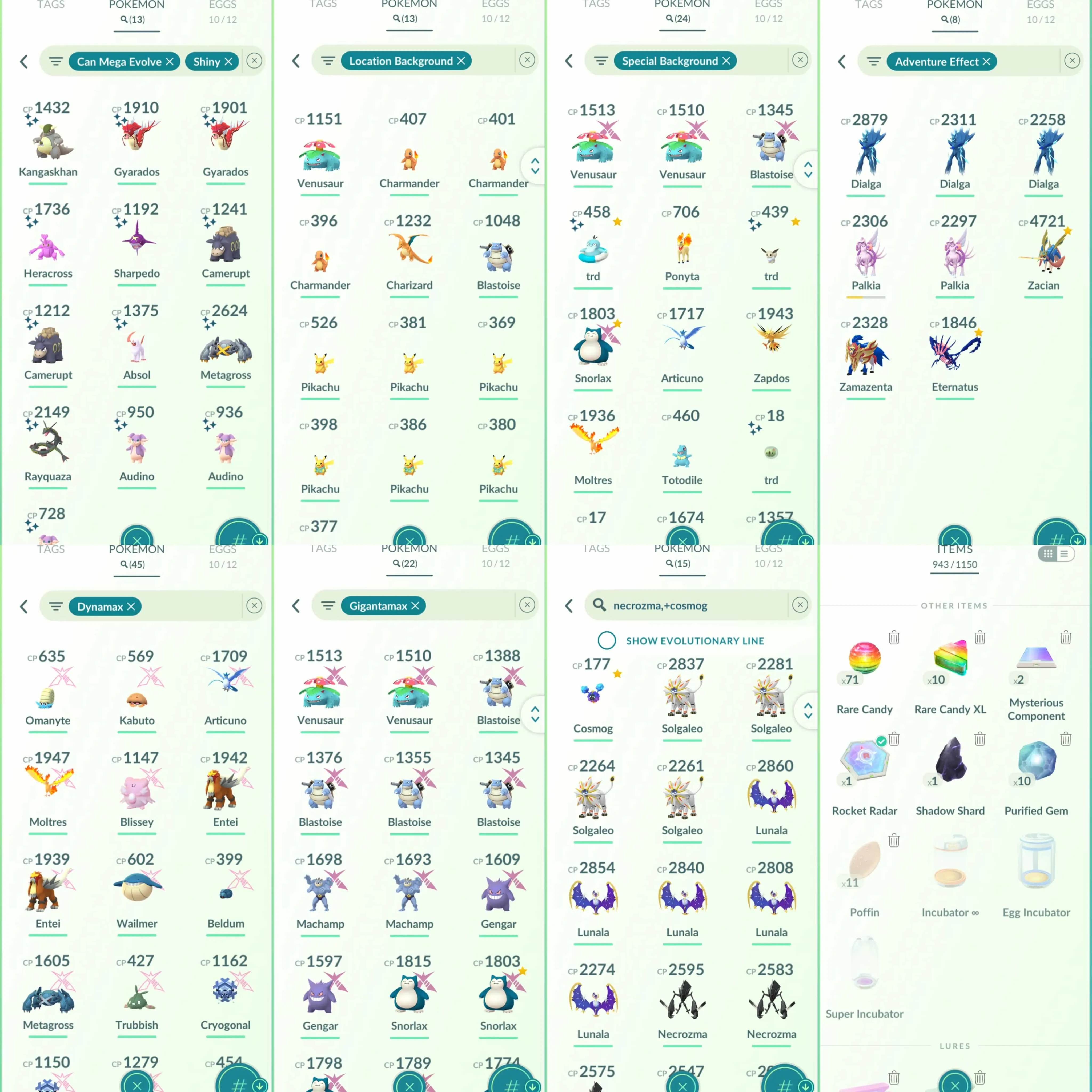 1934 Level 70 Eternatus Shiny Mega Rayquaza Shiny Mega Metagross Shiny Mega: Gyarados, Heracross, Kangaskhan, Absol, Camerupt, Sharpedo, Audino.