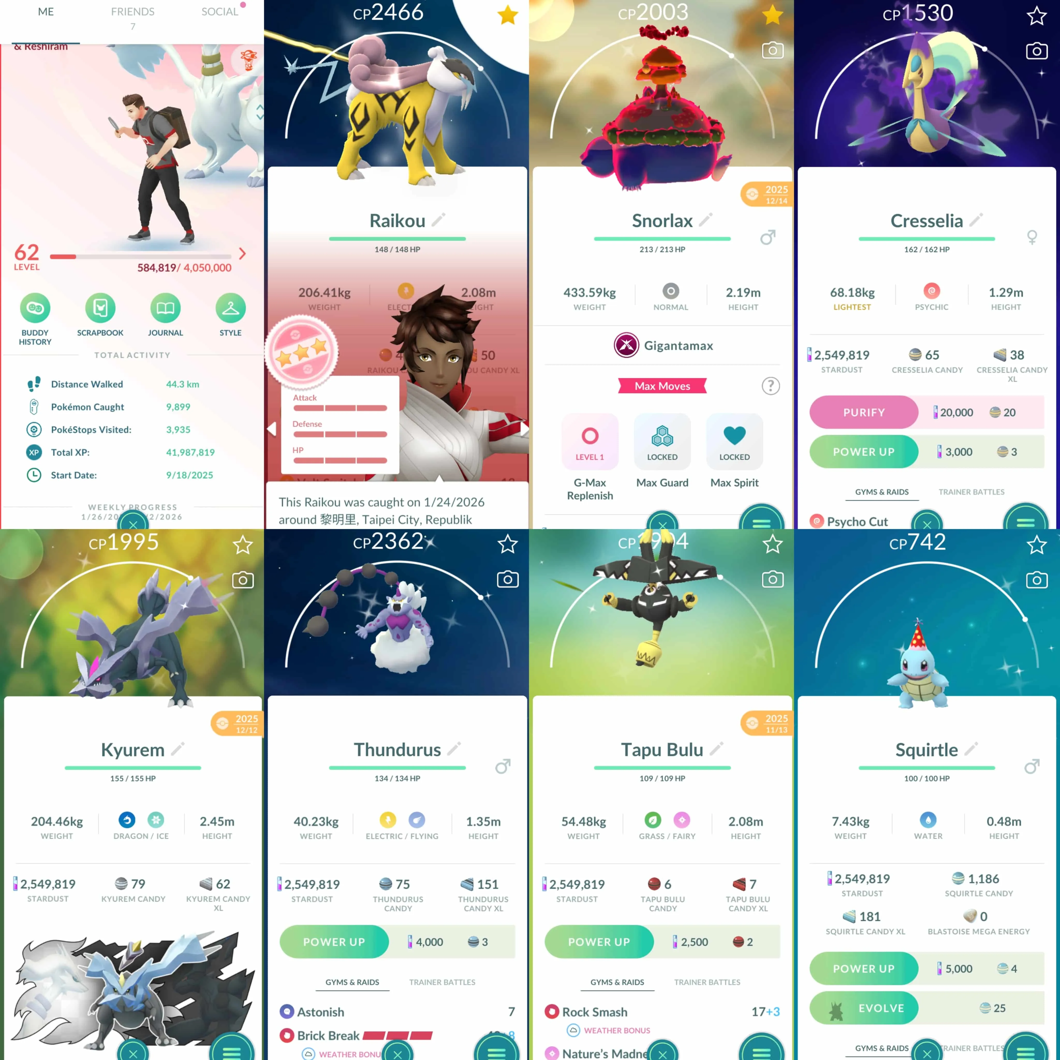1942 Level 62 Shiny GMax Snorlax x2 Legendary100 x18 Raikou100 Shiny Shadow Cresselia Shiny Thundurus x2 Shiny Reshiram Shiny Kyurem Shiny Tapu Bulu Shiny Party Squirtle